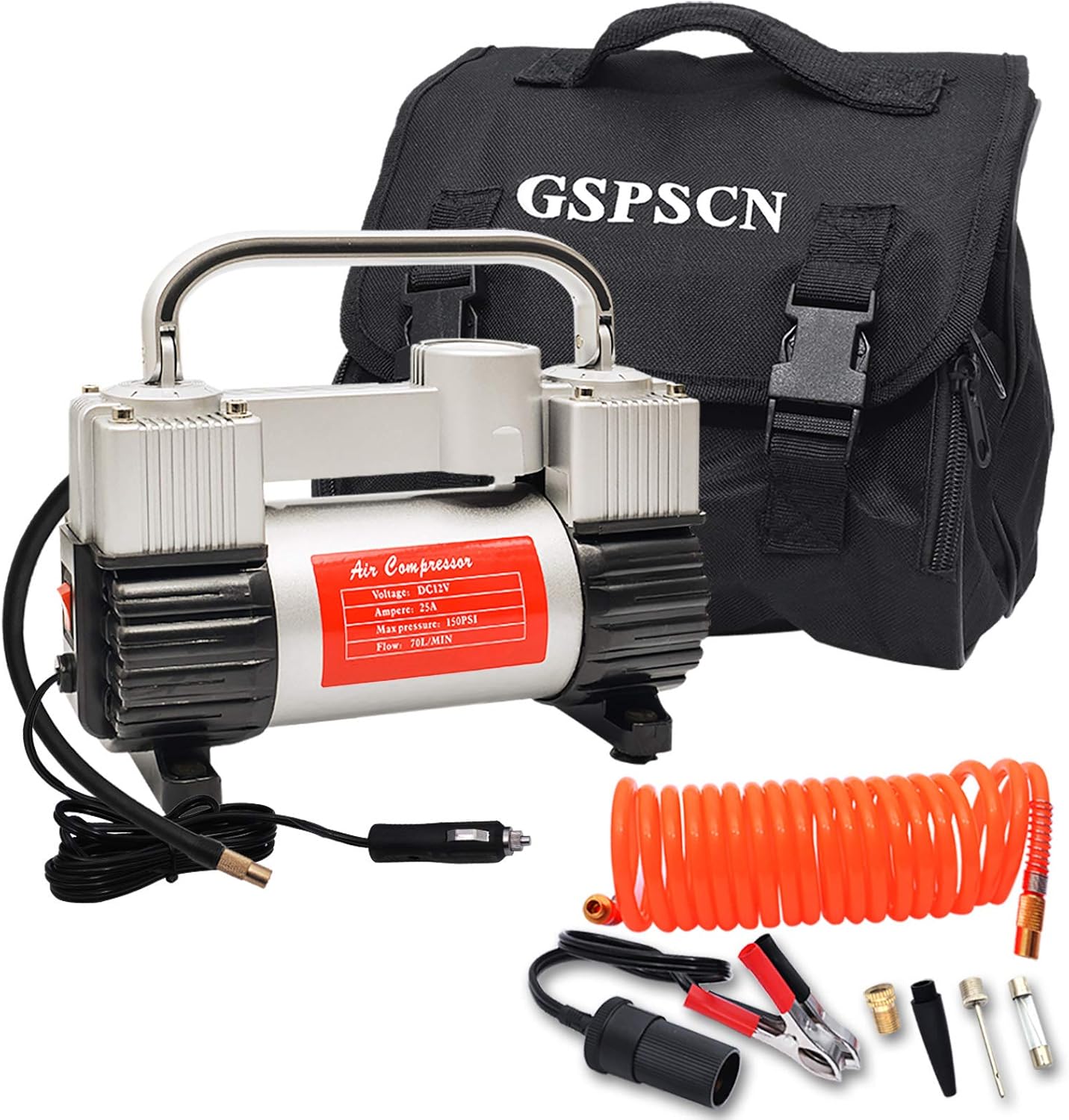 GSPSCN Silver Tire Inflator Heavy Duty Double Cylinders with Portable Bag, Metal 12V Air Compressor Pump 150PSI with Adapter for Car, Truck, SUV Tires, Dinghy, Air Bed etc