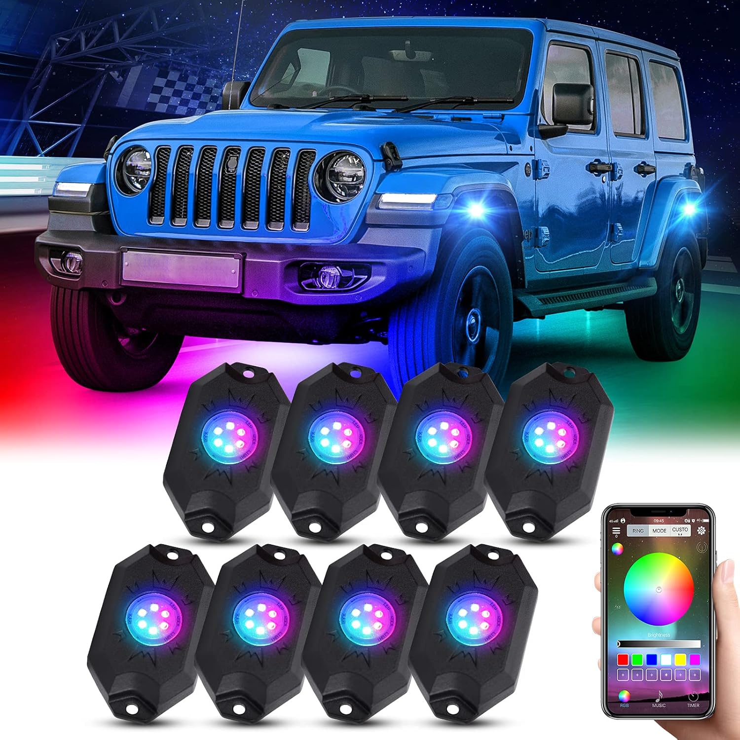 AMONLY RGBW Led Rock Lights Kit, Multicolor Underglow Waterproof Neon Lights With APP Control Timing Function Flashing Music Mode Exterior Light Compatible with Jeep Off Road Car Truck ATV UTV, 4 Pods