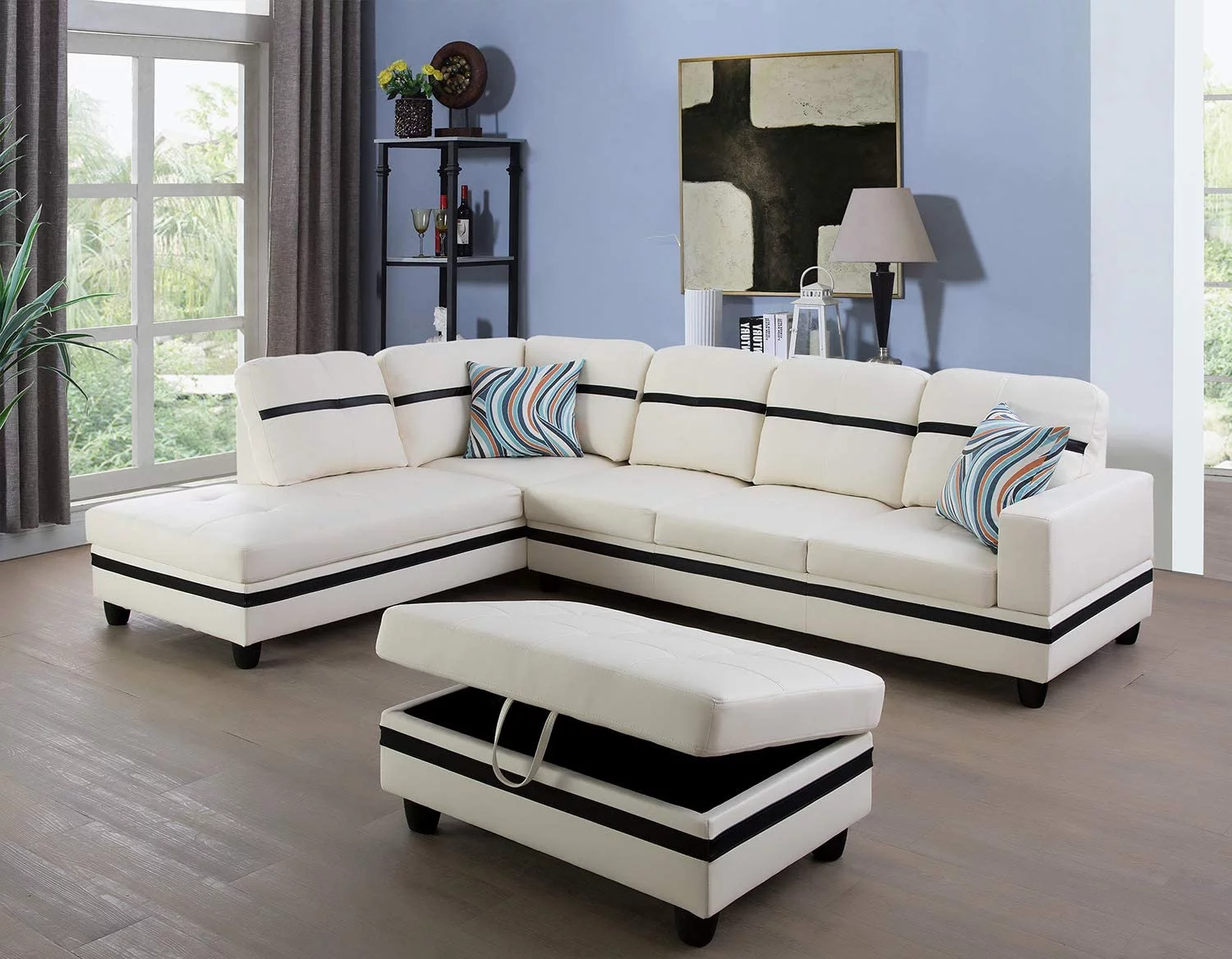 PonLiving Furniture Callie 103.5'' Sectional Sofa with Storage Ottoman, Left & Right Hand Facing, Leather Upholstered