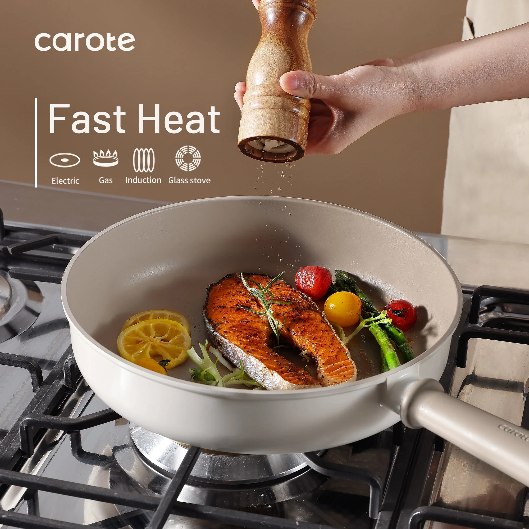 Carote Nonstick Pots and Pans Set, 13 Pcs Induction Kitchen Cookware Sets(Taupe Granite)