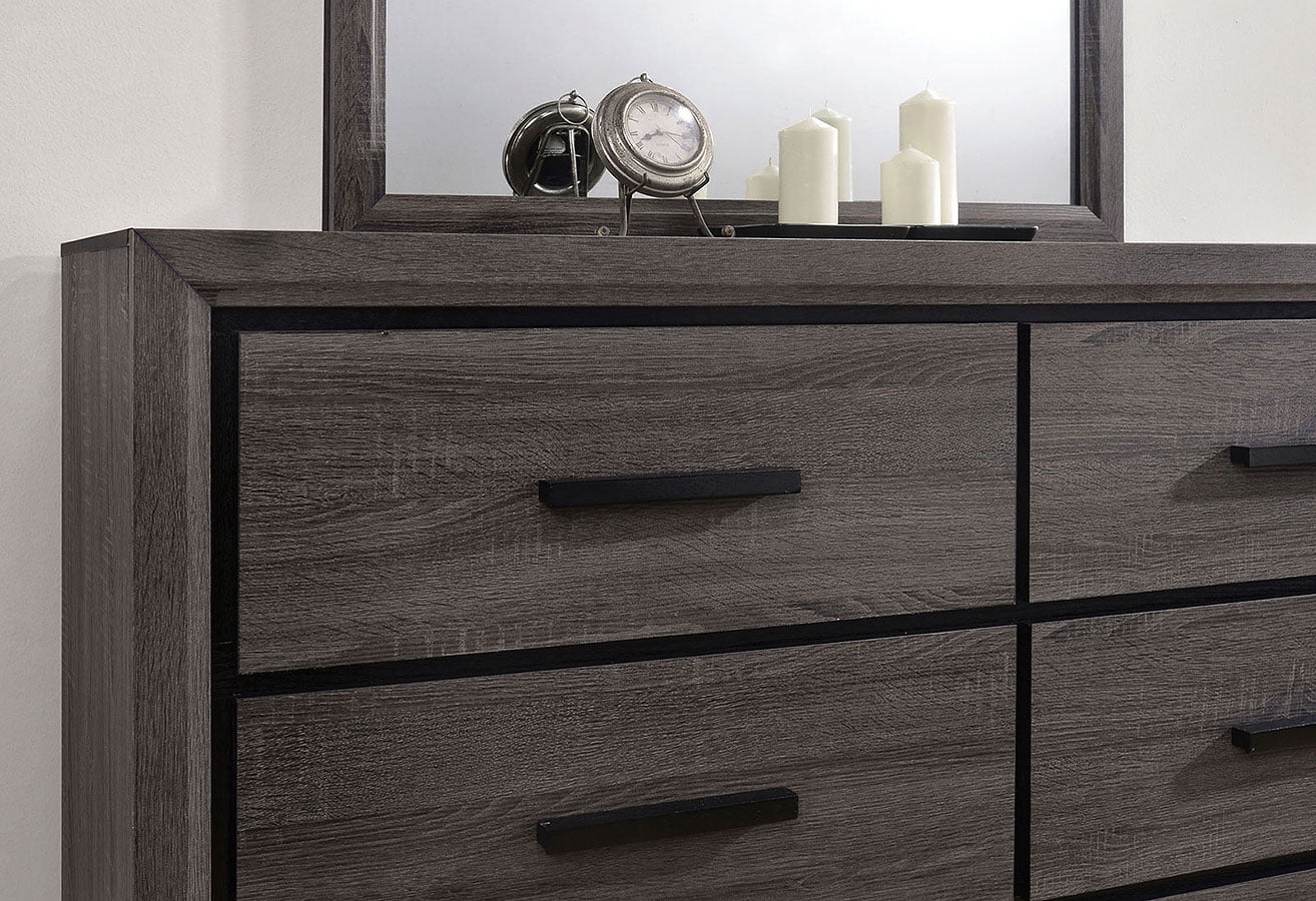 Contemporary 4-pc Queen Size Bed Dresser Mirror Nightstand Bedroom Furniture Grey Paper Veneer