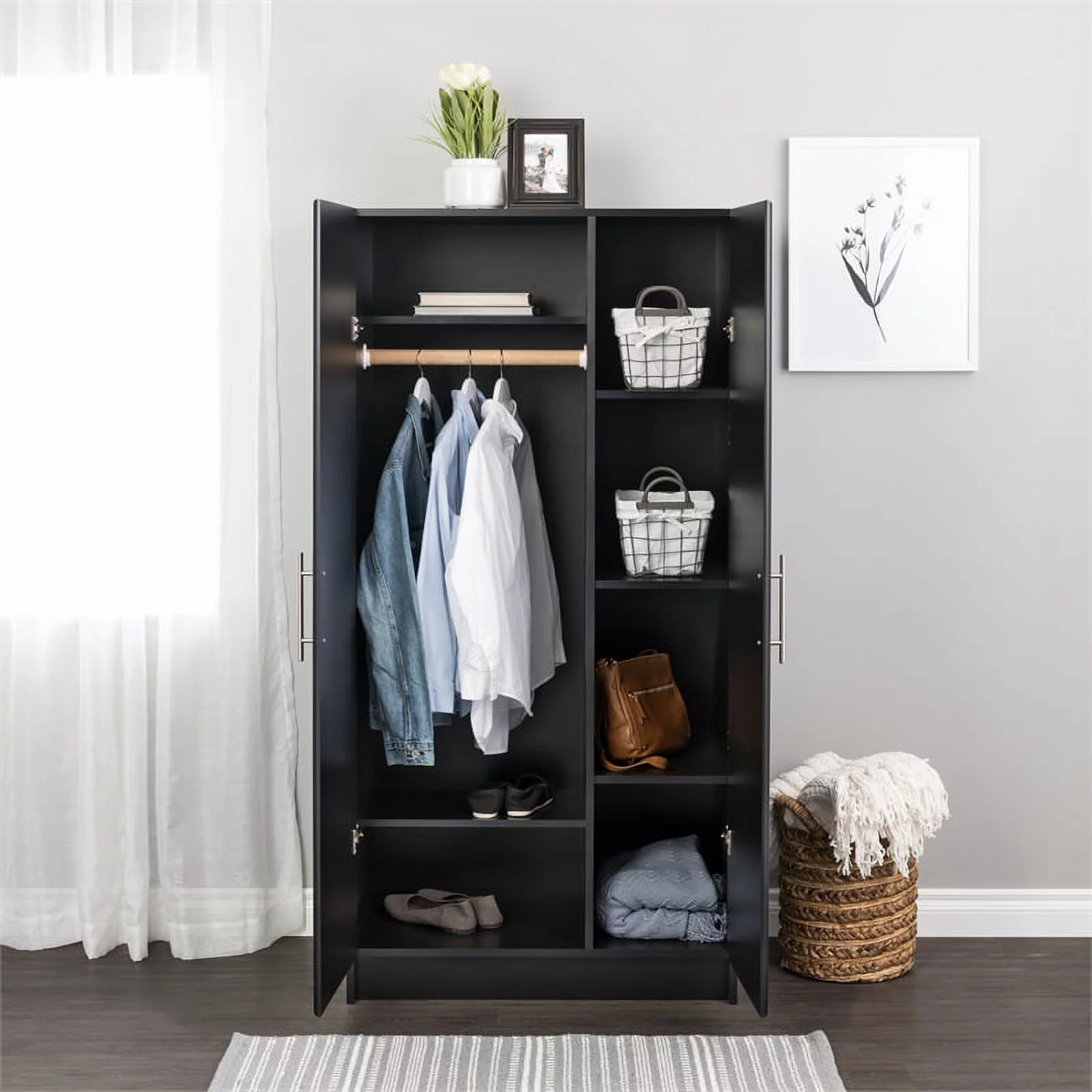 Prepac Elite 32" Storage Cabinet Armoire, Black Storage Cabinet, Linen Cabinet, Wardrobe Cabinet with Hanging Rail and Shelves 21" D x 32" W x 65" H, BESW-3264-K