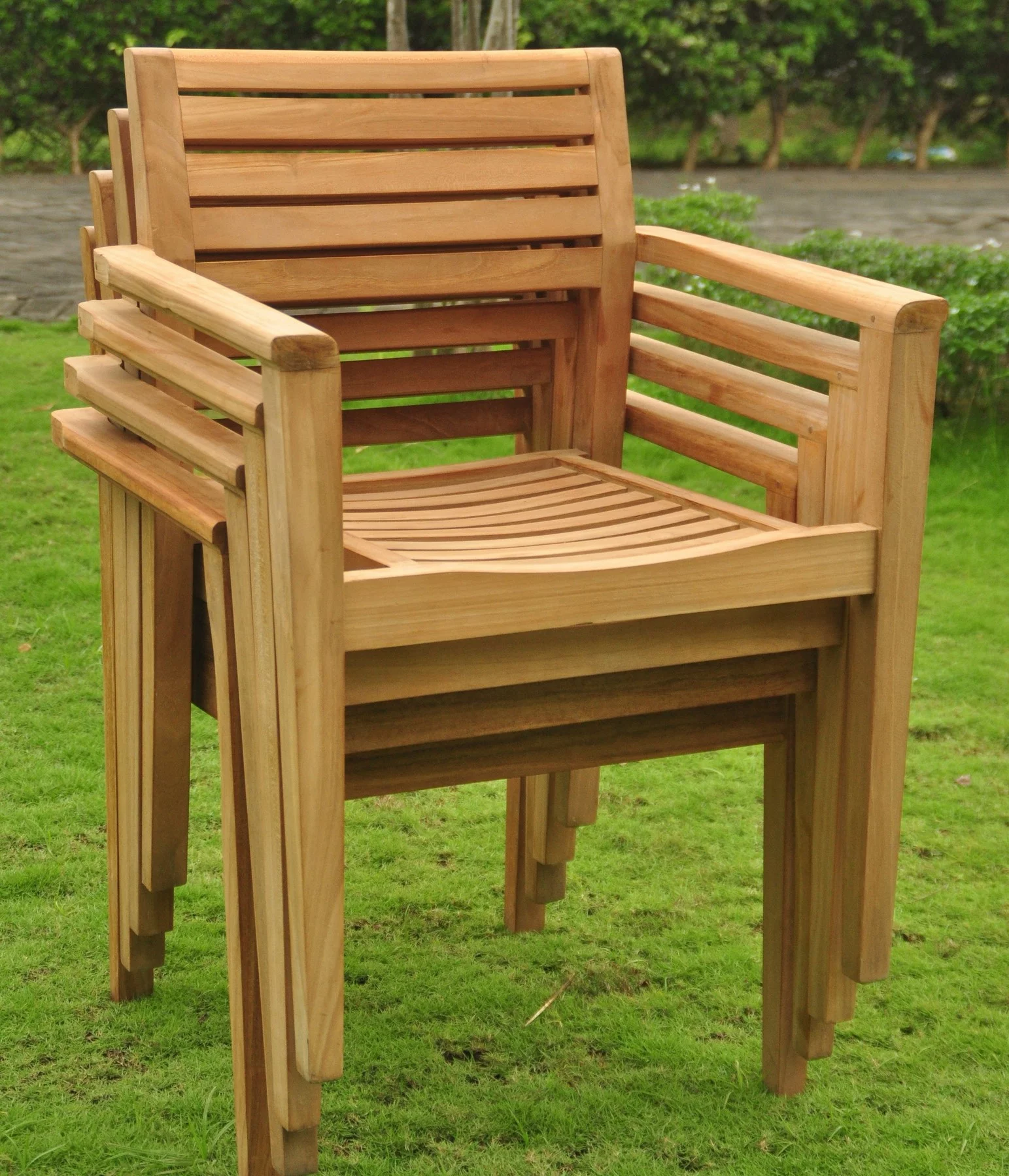 Teak Dining Set: 8 Seater 9 Pc: 72" Round Dining Table And 8 Montana Stacking Arm/Captain Chairs Outdoor Patio Grade-A Teak Wood WholesaleTeak #WMDSMTj