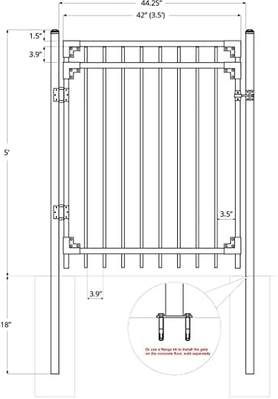 XCEL Fence Cortina Black Steel Anti-Rust Fence Gate - Flat Top - Flat Bottom Pickets - 5'H X 4'W - Easy Installation - for Residential, Outdoor, Yard, Garden, 3-Rail, Two Post Included
