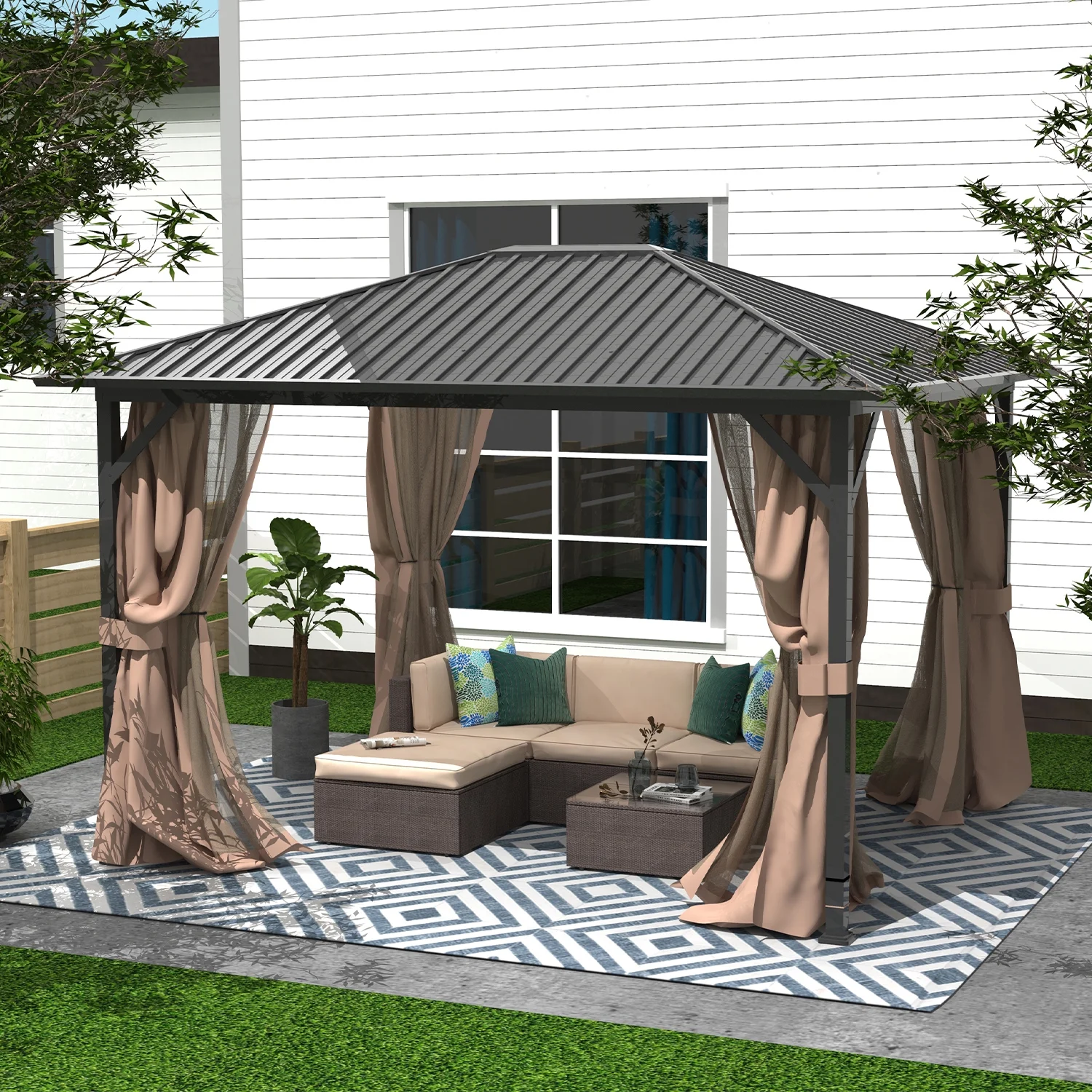 FineFind 10' x 12' Hardtop Gazebo Outdoor Metal Canopy Gazebo with Netting and Curtains for patios  all season