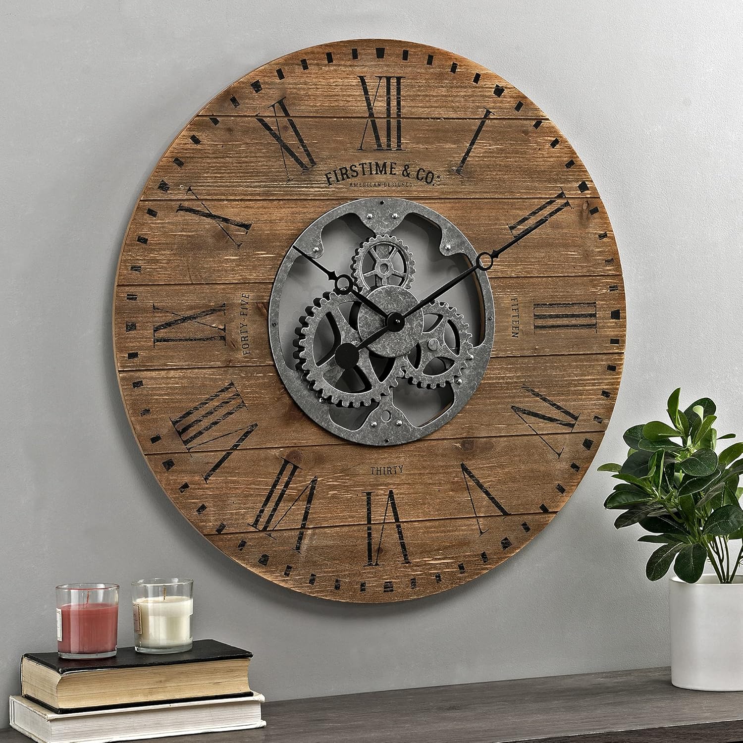 FirsTime & Co.® Black Shiplap Gears Farmhouse Wall Clock, American Designed, Black, 27 x 2 x 27 inches