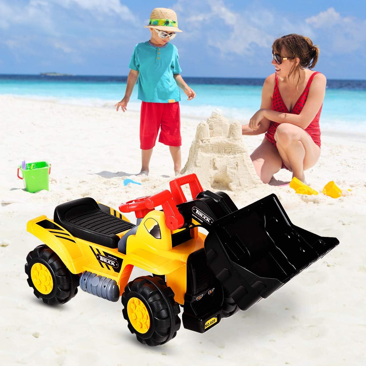 Costzon Kids Ride On Construction Bulldozer, Outdoor Digger Scooper Pulling Cart W/Front Loader Digger Horn Underneath Storage, Children Pretend Play Truck Toy (Yellow)