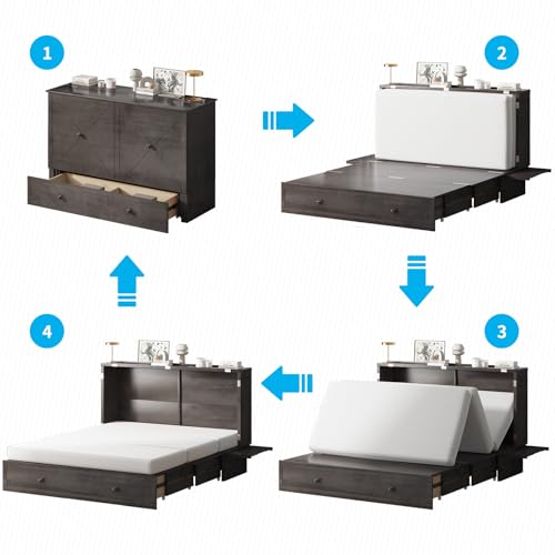 Mjkone Queen Size Murphy Bed with Tri-Folding Mattress, Charging Station, Modern Cabinet Bed with Drawers, Multifunctional Design Wall Murphy Beds for Living Room, Apartment (Cherry Pattern H)
