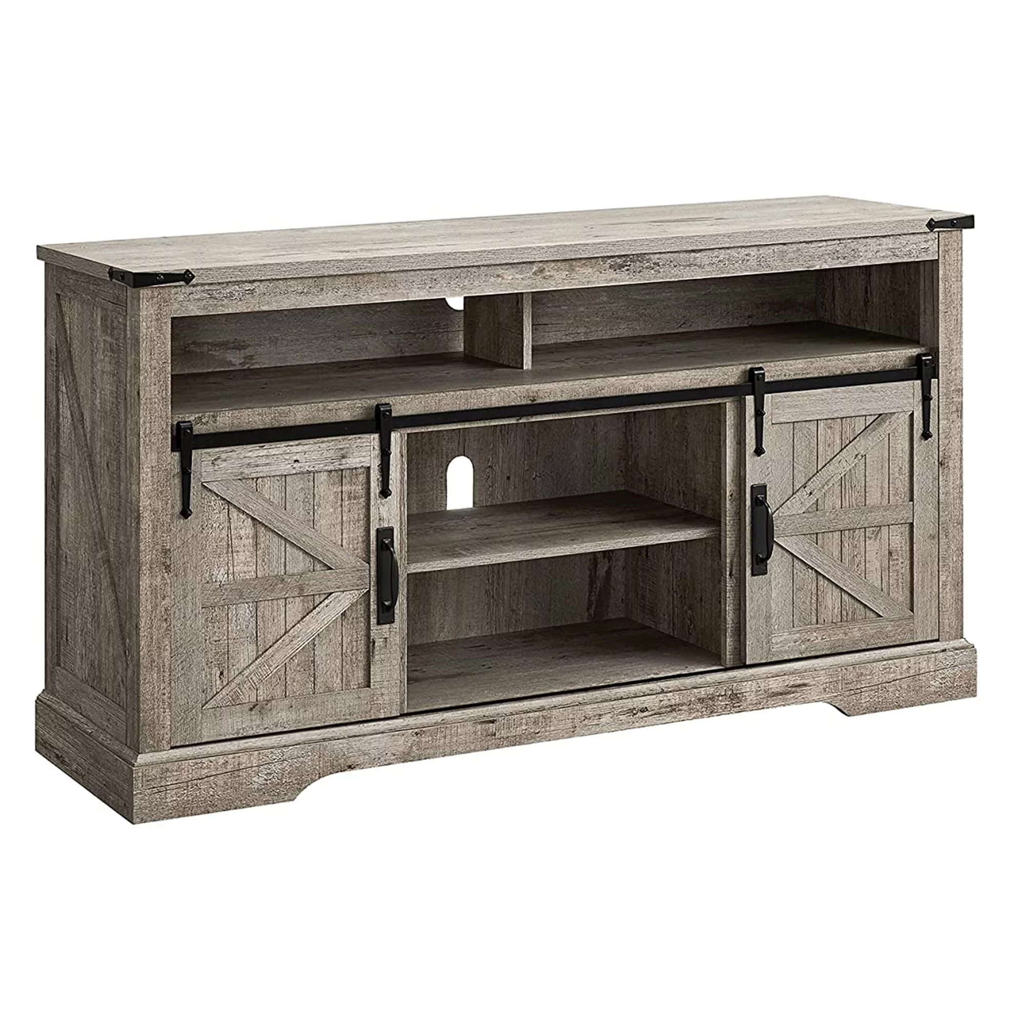 OKD 60-Inch Sliding Barn Door Wooden Farmhouse Highboy TV Stand, Light Oak