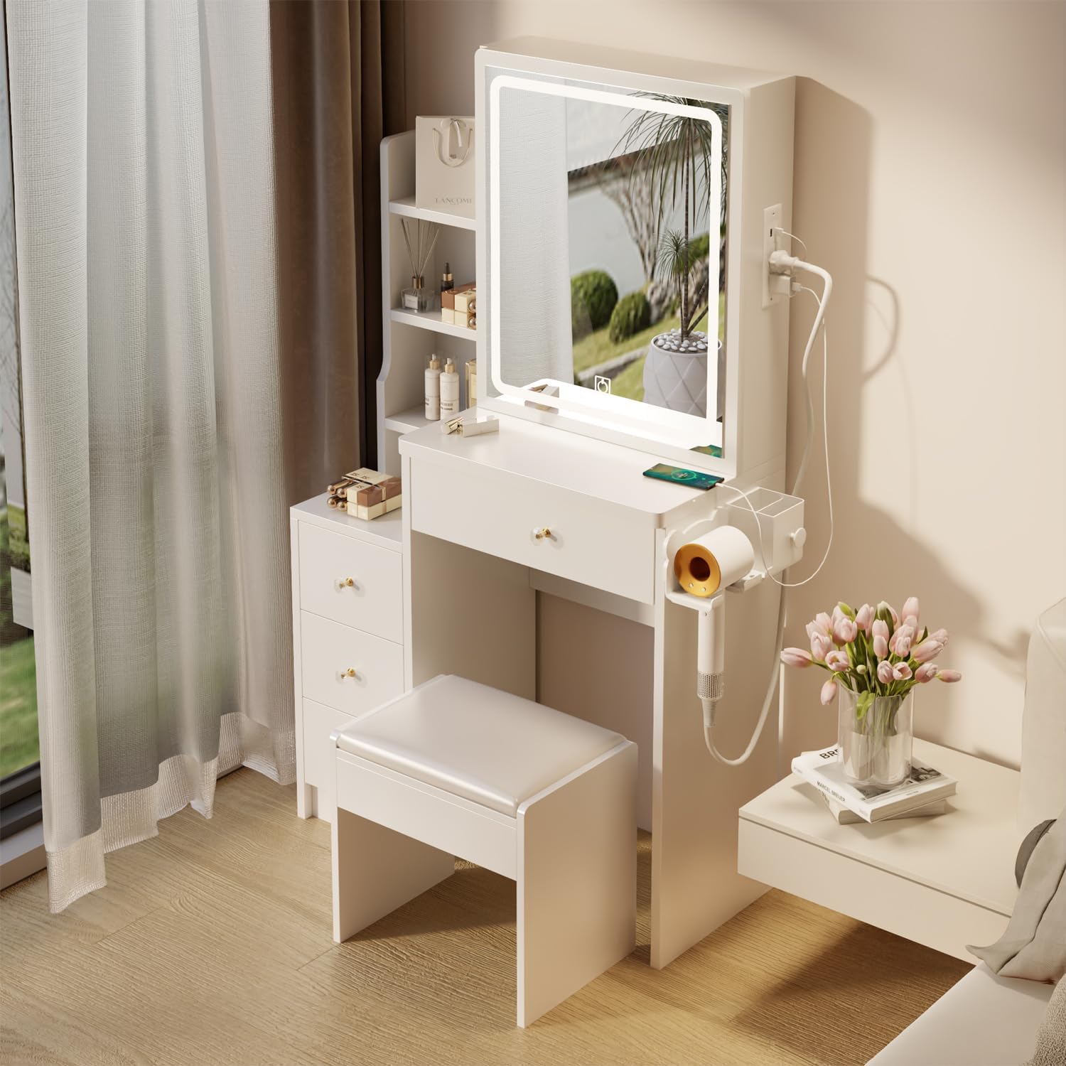 Makeup Vanity Desk with LED Mirror, Vanity Table with Charging Station (2 AC + 2 USB Socket), Small Vanity Dressing Table with Drawers & Dresser, Makeup Desk with Cushioned Stool for Bedroom