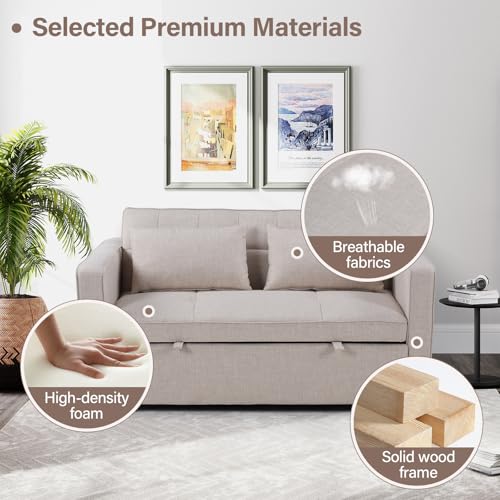 3-in-1 Convertible Sleeper Sofa Bed, Futon Couches with Pullout Bed, 2-Seater Loveseat Sofa with Storage Pockets, Adjustable Backrest and Toss Pillows for Living Room Apartment, Grey