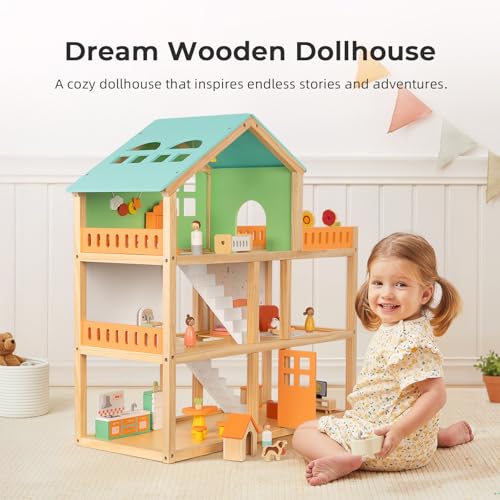 OOOK Large Wooden Dollhouse with 42 Pcs Luxurious Furniture Accessories, 3-Story Doll House 6 Rooms Balcony Wooden Stairs, Ideal Modern Dollhouse for Toddlers 3-5