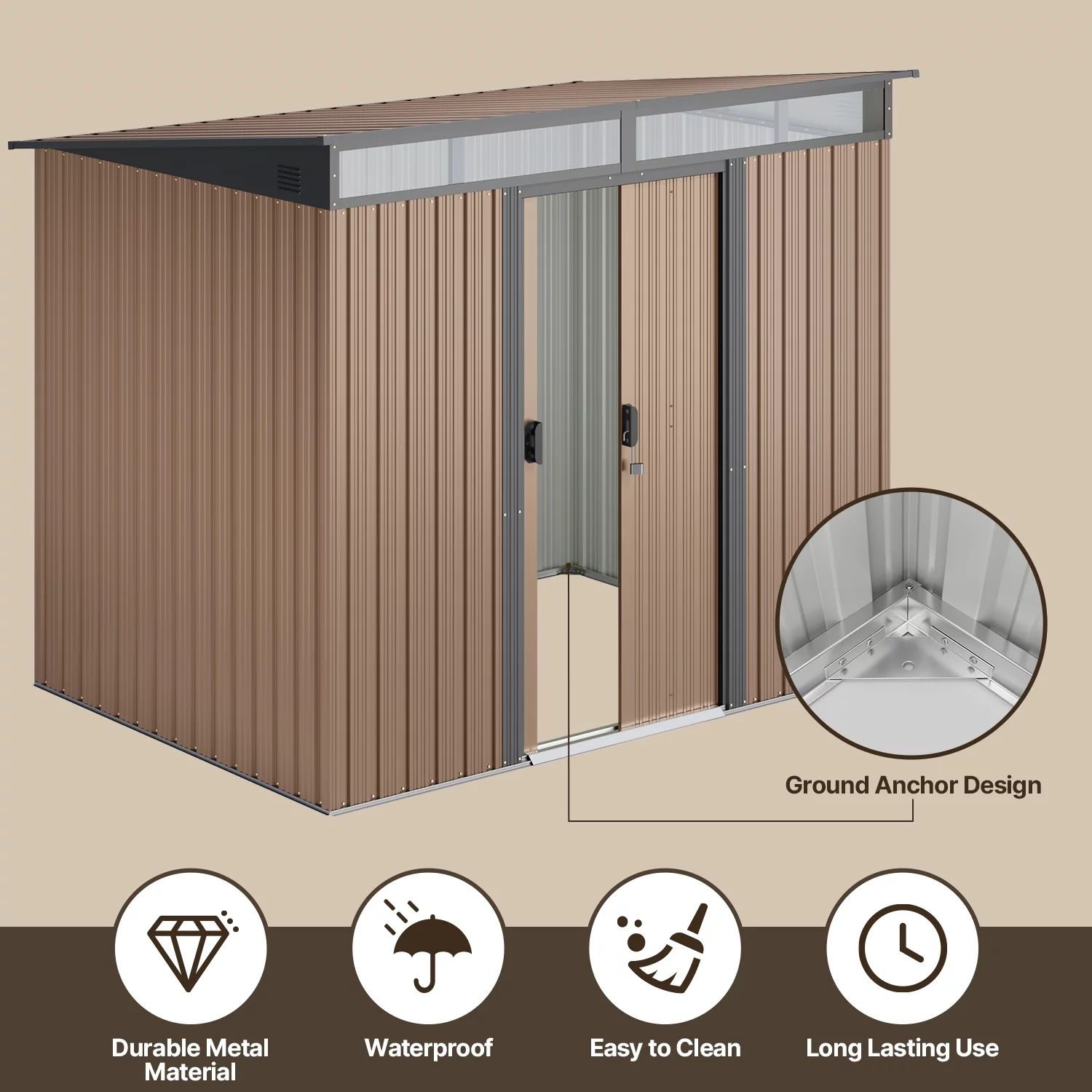 8'x6' Metel Shed, Lofka Outdoor Storage Shed,w/ Sliding Doors, Light Brown