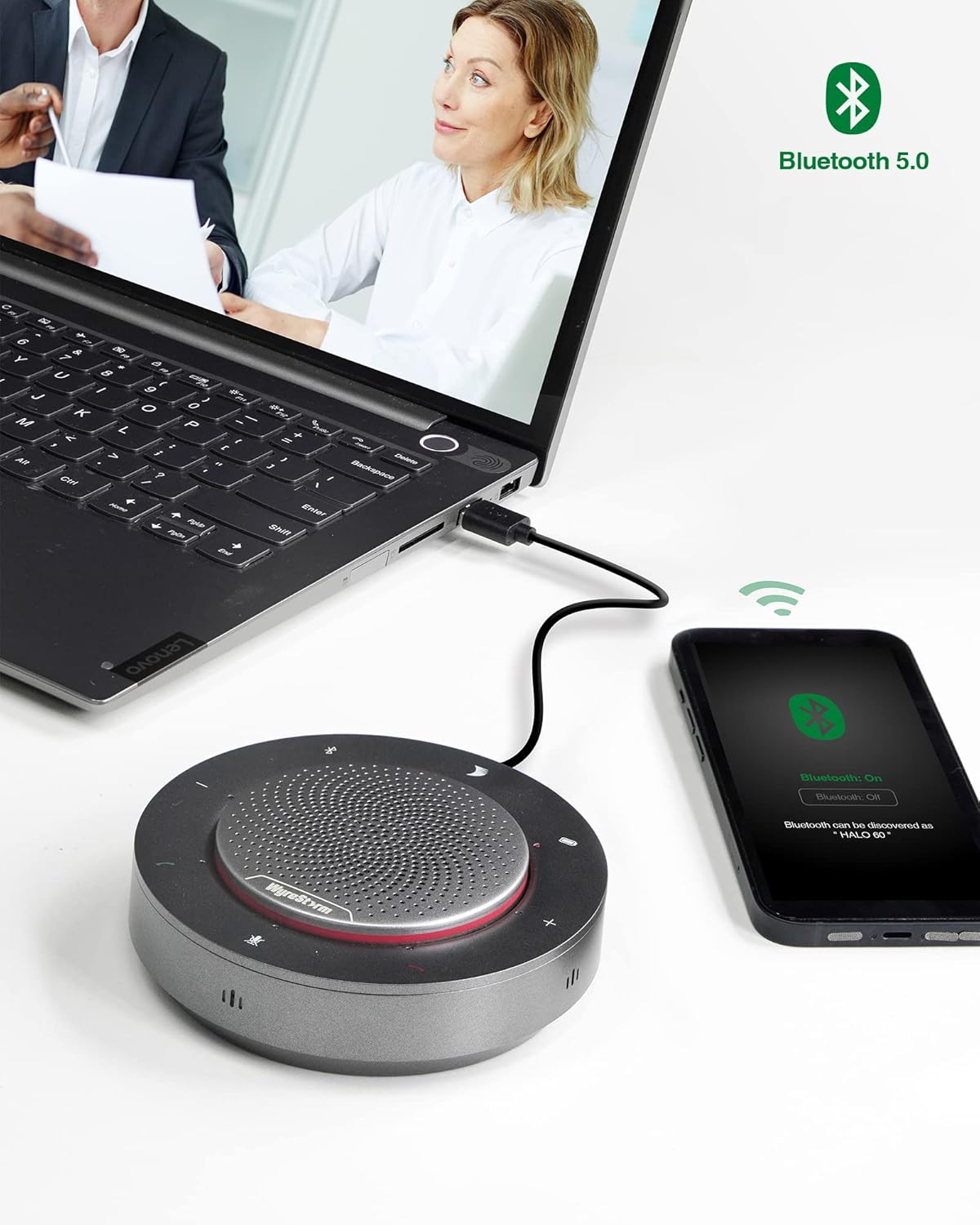 WyreStorm Halo 90 Conference Speaker, 4 Noise-canceling Mics, Enhanced 360° Voice Pickup, 4K@60Hz Video Resolution, AGC Voice Balance, Full-Duplex, with USB-C Docking Function Supply Power to PC
