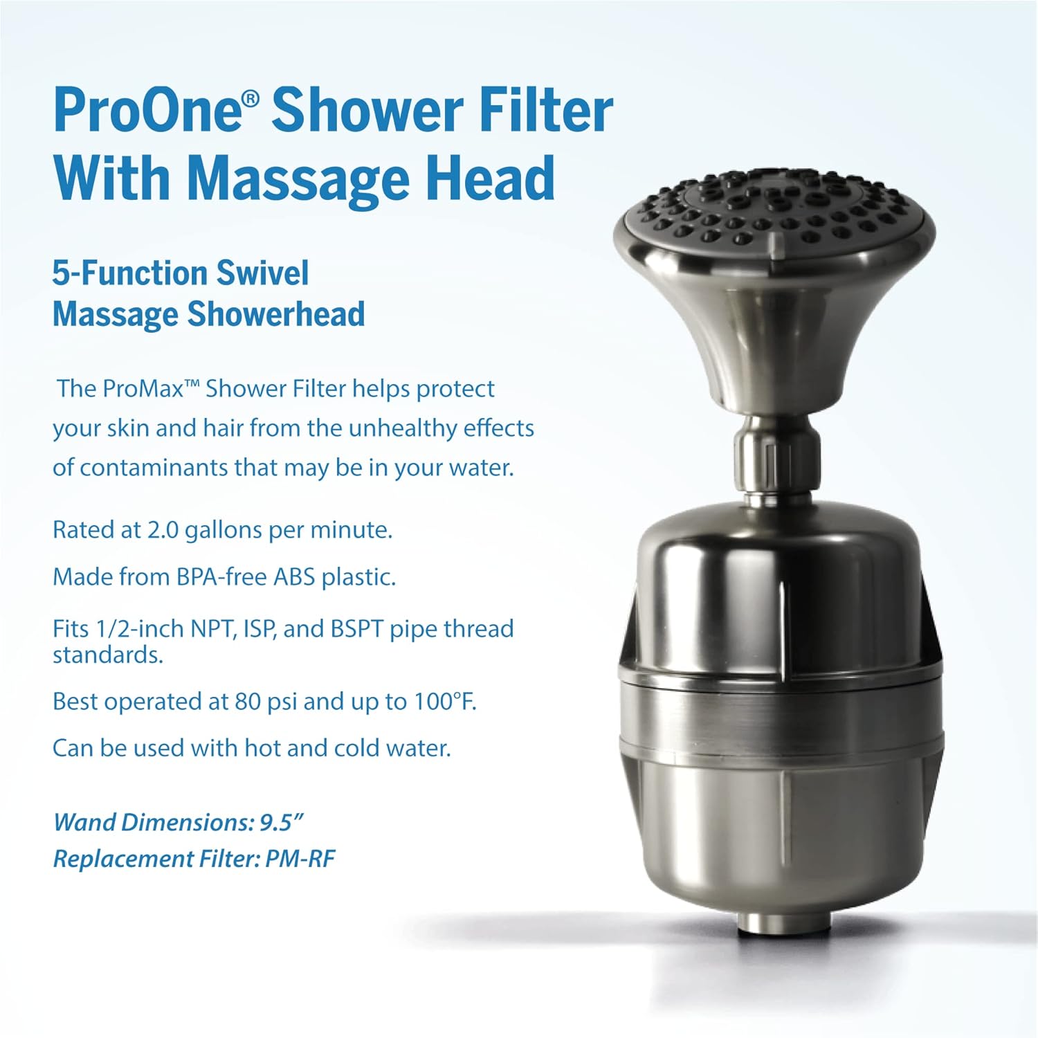 ProOne ProMax Brushed Nickel Shower Filter w/ 5 Function Massager Head - Water Filter Cartridge - Great for Dry Skin and Hair