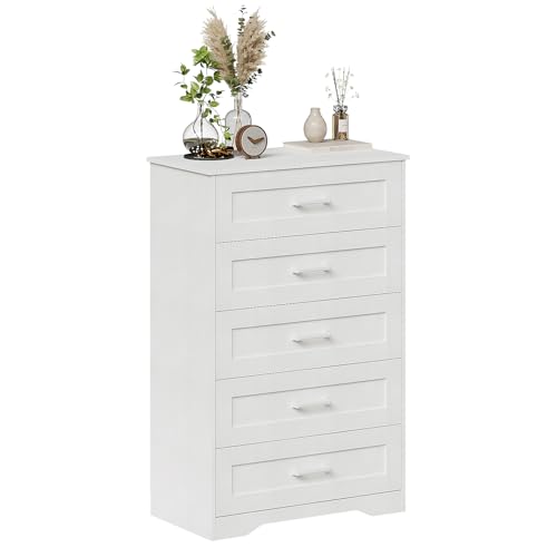 White Wood Dresser for Bedroom with 5 Drawers, Tall Storage Chest of Drawers, Modern Solid Wood Dresser Cabinet for Closet, Nursery, Entryway, Girls Room, Kids Room, Hallway, Living Room