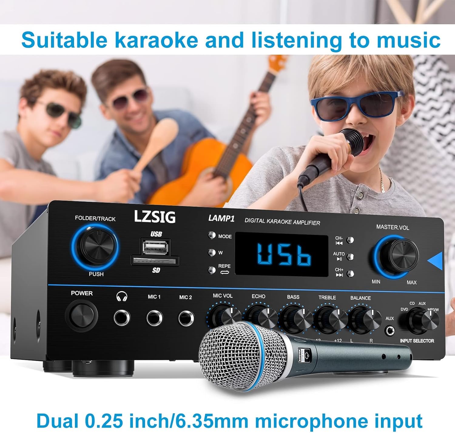 LZSIG Home Audio Receiver Amplifier Peak Power 110W x 2 Channel Stereo Karaoke Amplifier w/MP3, USB, SD, AUX, RCA, MIC Jack,Headphone Jack, FM, LED, Reverb Echo, for for Home/Studio/Bedroom - LAMP1