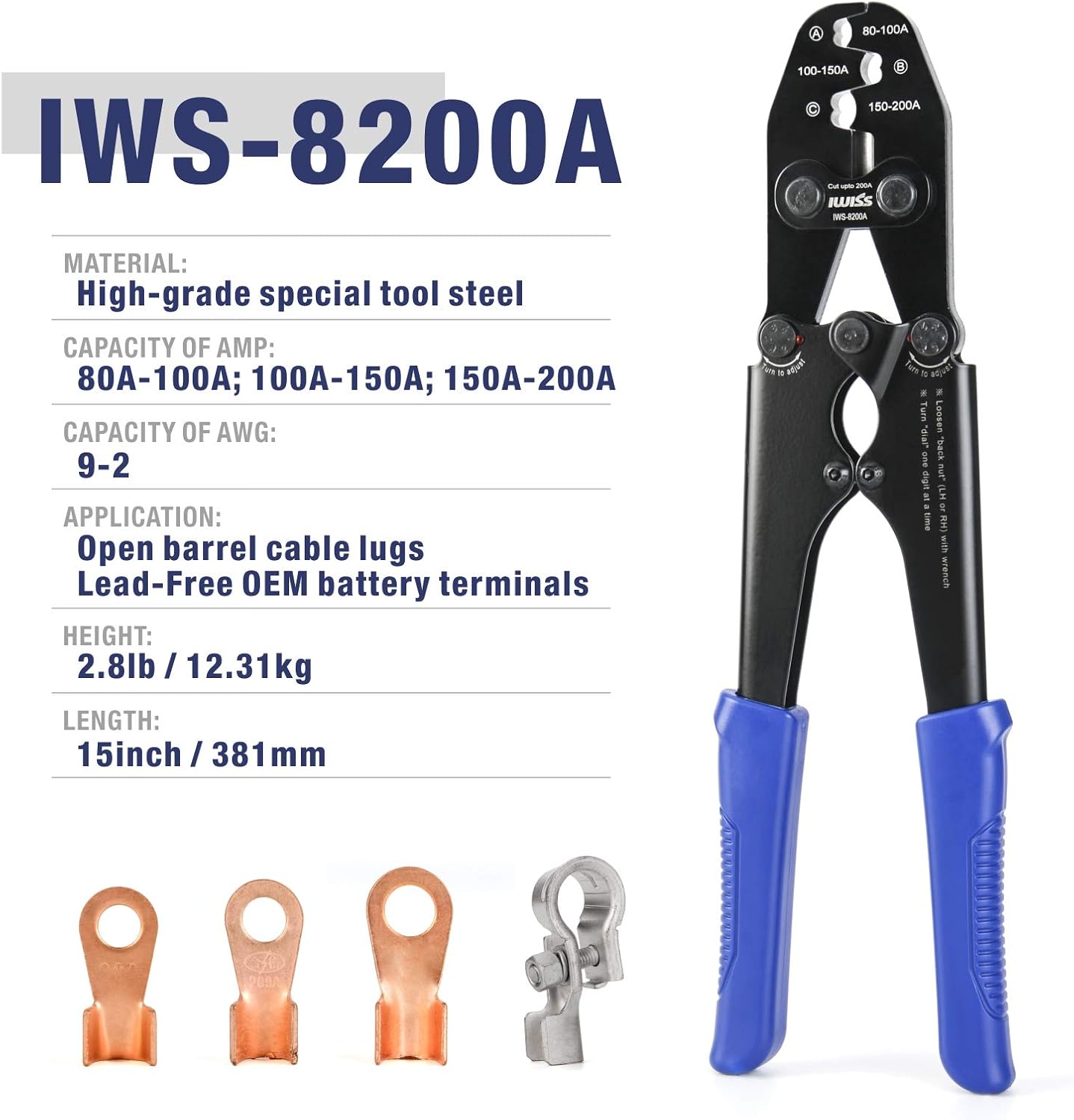 IWISS Battery Cable Lug Crimping Tool for Open Barrel Lug,Lead-Free OEM Battery Terminals,B Type Crimper for AWG 16-4