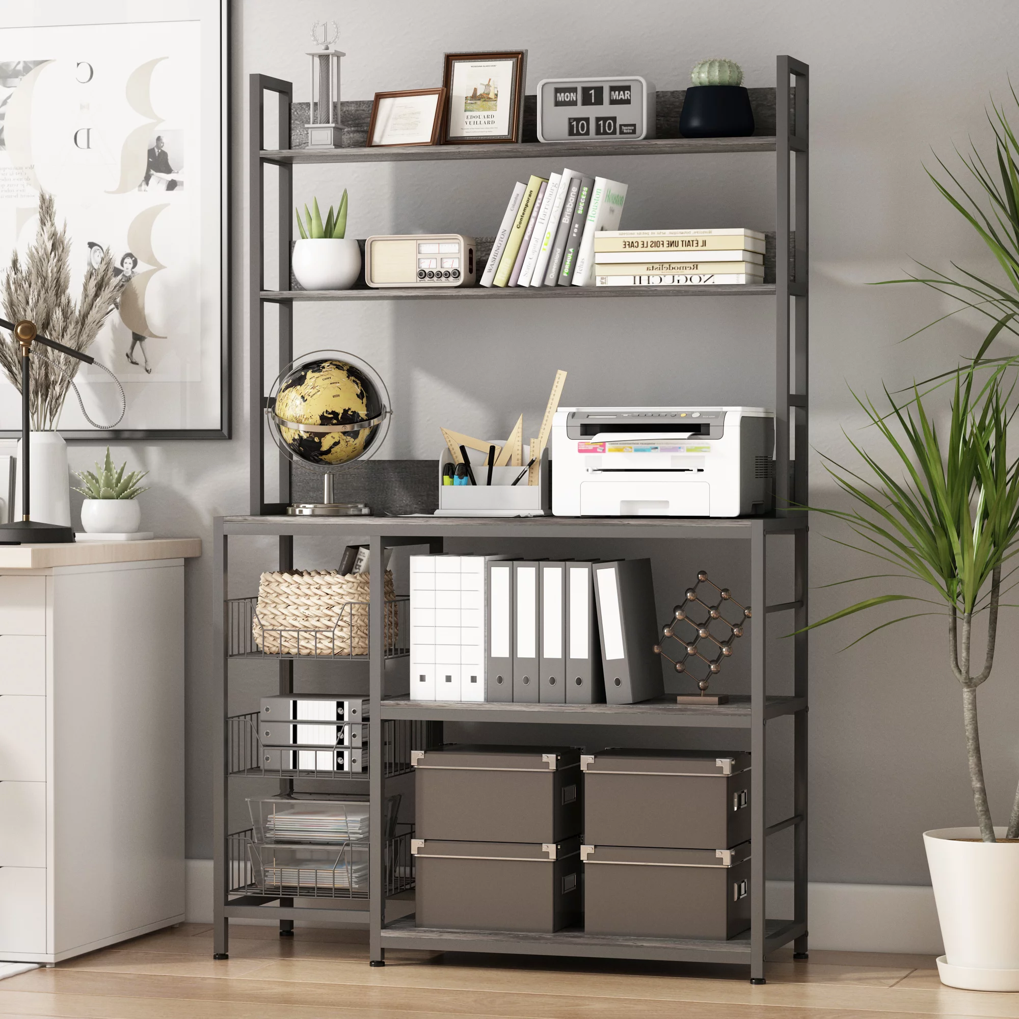 NAIYUFA Kitchen Bakers Rack with Baskets,5-Tier Utility Storage Wood Shelf with Hooks, Microwave Oven Stand Rack,Vintage Grey