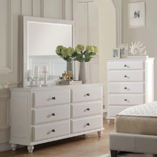 Contemporary Modern 6pc Bedroom Full Size Bed Set Dresser Mirror 2x Nightstands Chest White Furniture