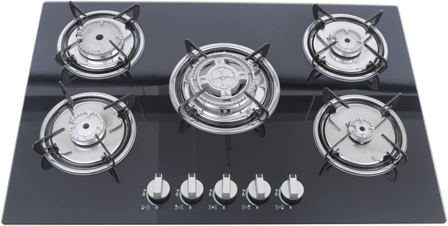 30 Inch Gas Cooktop 5 Burners Gas Stove Gas Hob Stovetop Tempered Glass Cooktop Cast Iron Grates Built-in Gas Stove Top LPG/NG Gas Cooktop Flameout Protection (5 Burners, 30'' x 20'')