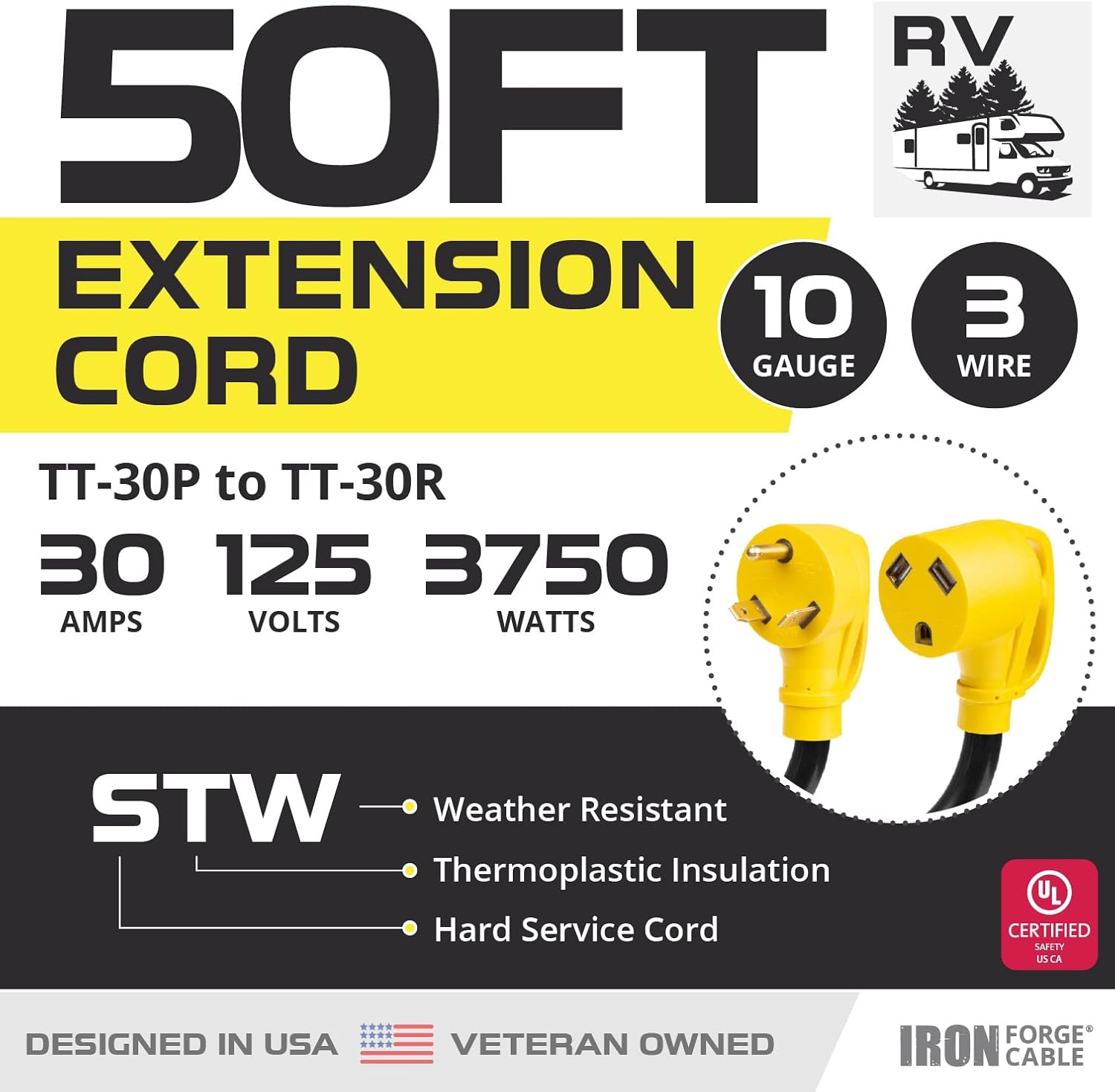 Iron Forge Cable 30 Amp RV Extension Cord 25 Ft - 10/3 STW TT-30P to NEMA L5-30R 125v RV Power Cord