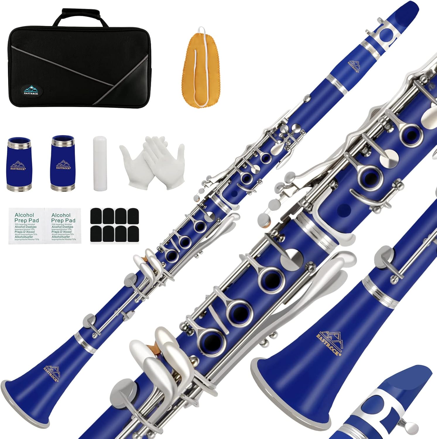 EASTROCK Clarinet Bb Flat 17 Nickel Keys Blue Clarinet for Student Beginner with 2 Barrels Hard Case and Clarinet Cleaning Kit