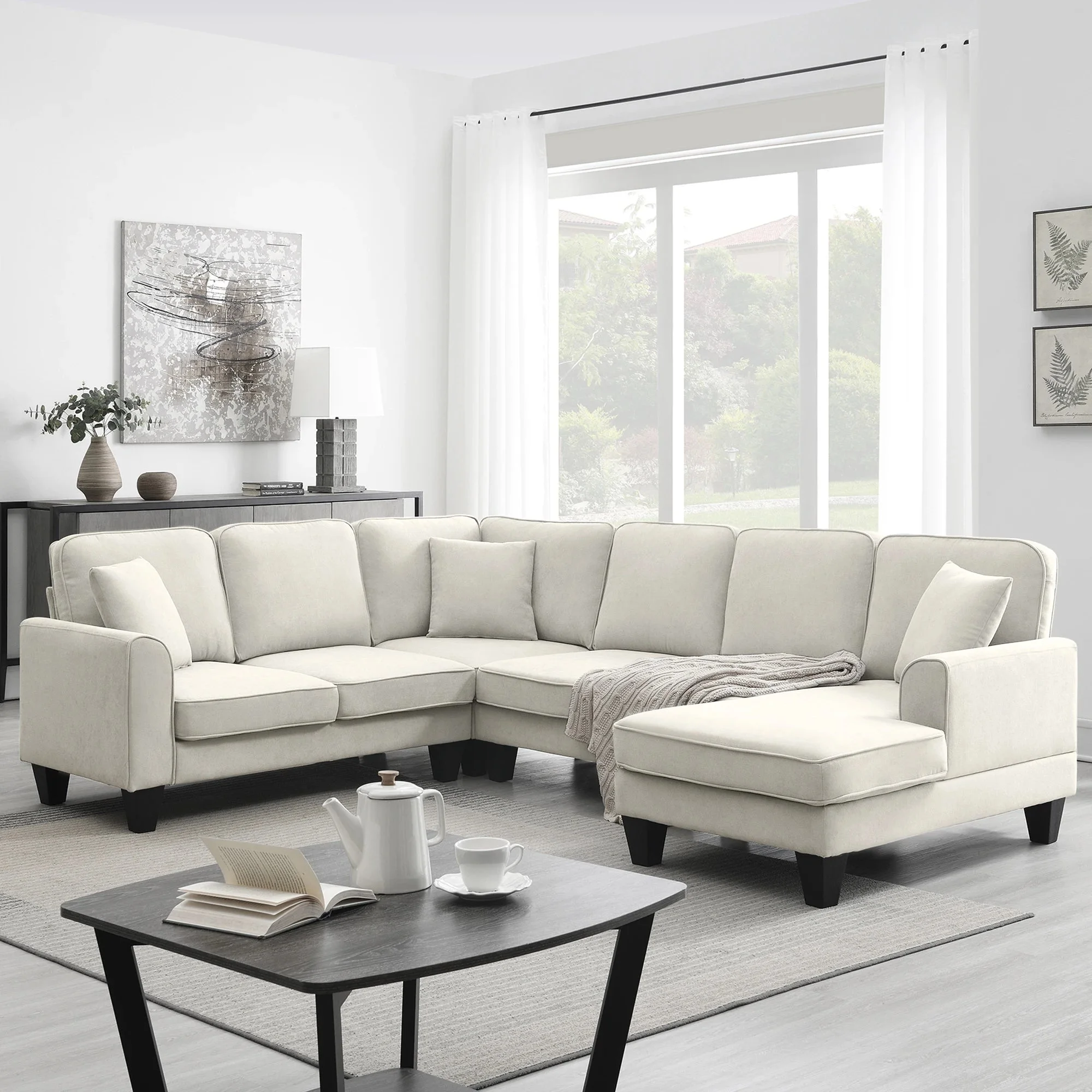 Modern U Shape Sectional Sofa, 7 Seat Fabric Sectional Sofa Set with 3 Pillows Included