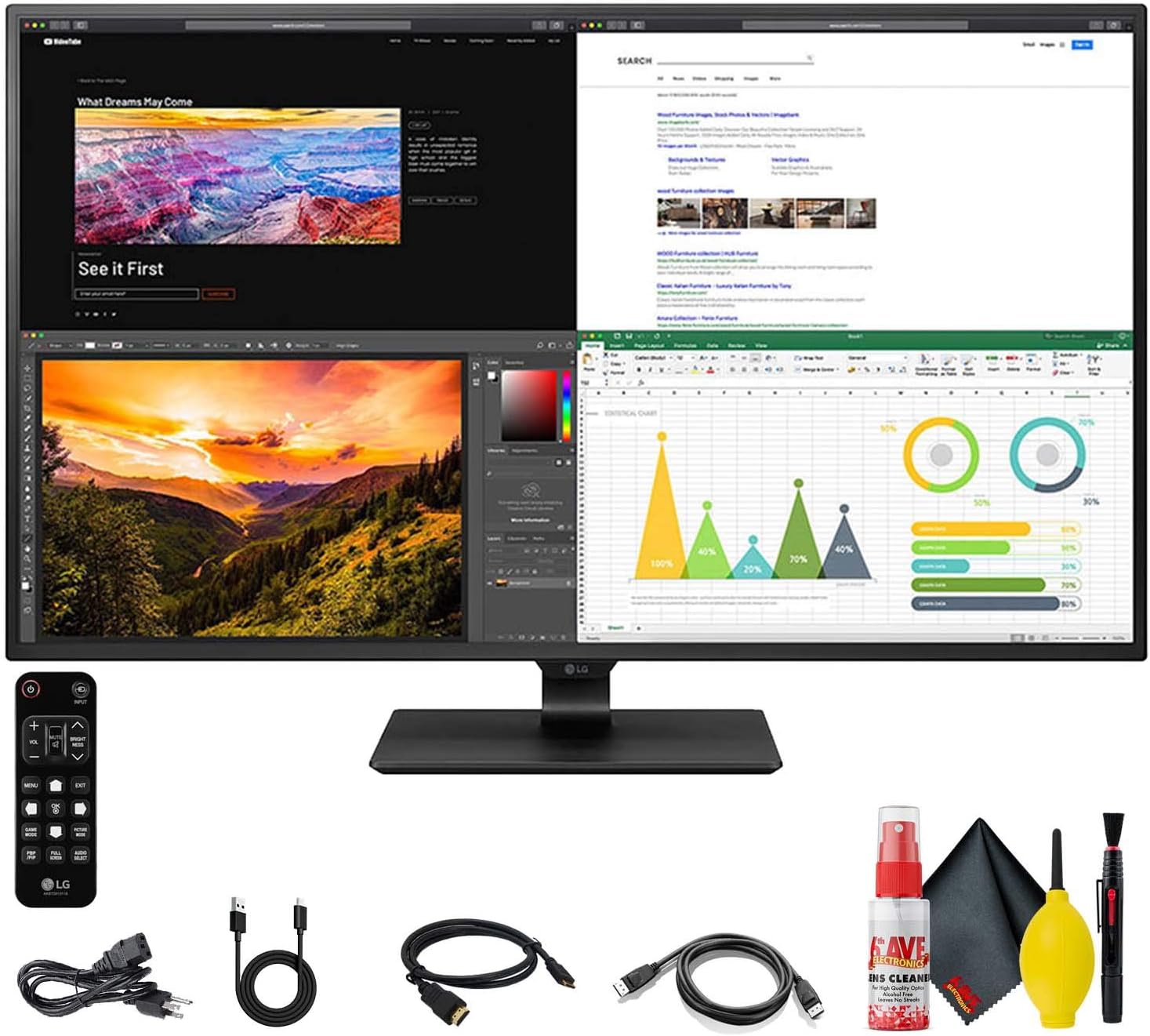LG 43UN700-B 42.5-Inch 16:9 (3840x2160) 4K UHD IPS Monitor with USB Type-C, Anti-Glare/Haze, HDR10 with 400nits, 4 PBP, PIP, OnScreen Control, with HDMI Cable, and Cleaning Set - Bundle