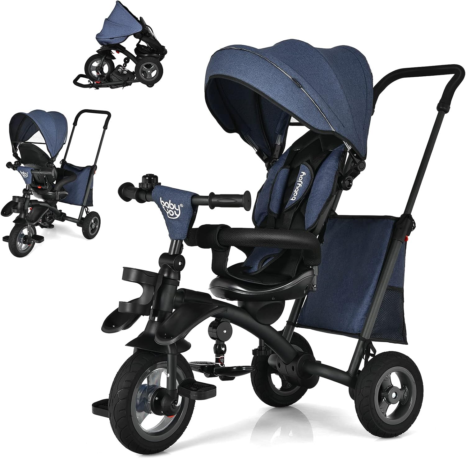 BABY JOY Toddler Tricycle, 7 in 1 Folding Steer Trike w/Rotatable Seat, Adjustable Canopy, Push Handle, Guardrail, Safety Harness, Brakes, Cup Holder & Storage, Tricycle for Toddlers Ages 1.5-5 (Blue)