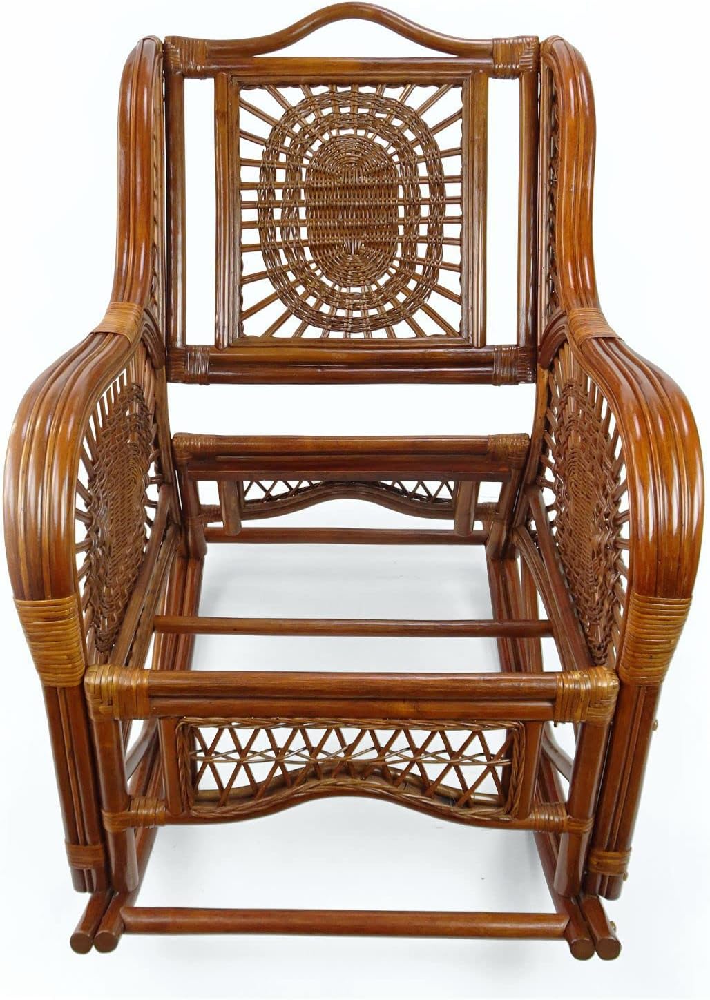 Wickerix Malibu Handmade Natural Rattan Living Room Set of 2 Rocking Lounge Chairs with Dark Brown Cushions and Round Coffee Table with Glass Colonial (Light Brown Color)