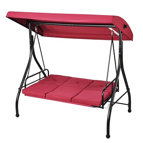 VEVOR 3-Seat Patio Swing Chair, Converting Canopy Swing, Outdoor Patio Porch with Adjustable Canopy, Removable Thick Cushion and Alloy Steel Frame, for Balcony, Backyard, Poolside, Brown