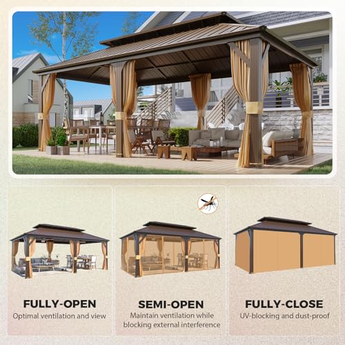 YOLENY 10' x 12' Hardtop Gazebo, Wood-Looking Gazebo with Galvanized Steel Double Roof, Aluminum Frame, Permanent Metal Pavilion with Netting and Curtains for Deck, Backyard, Patio and Lawns