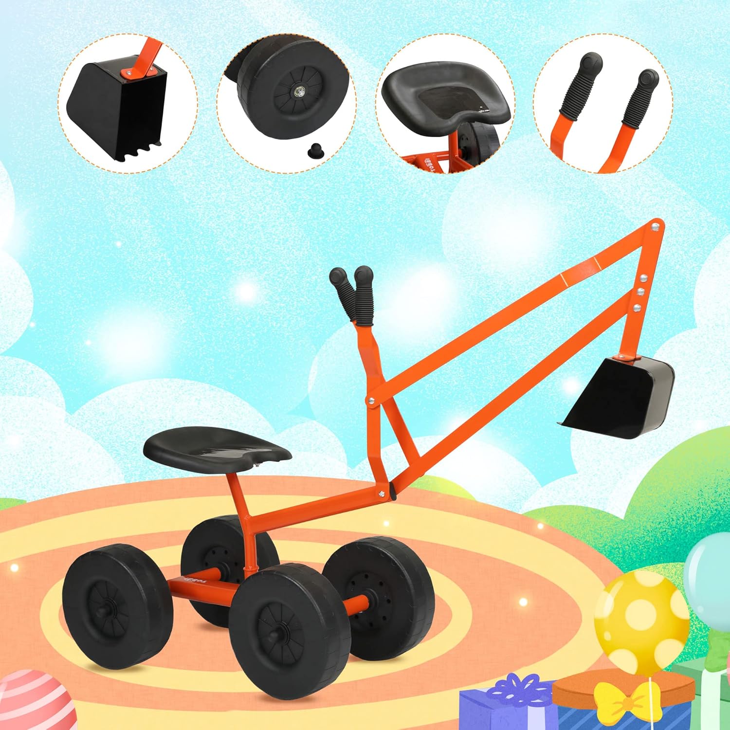 Kids Ride On Sand Digger Toy, Sandbox Digger Excavator Toys for Boys & Girls, Outdoor Construction Toys for Sand, Dirt, Snow and Beach, Orange