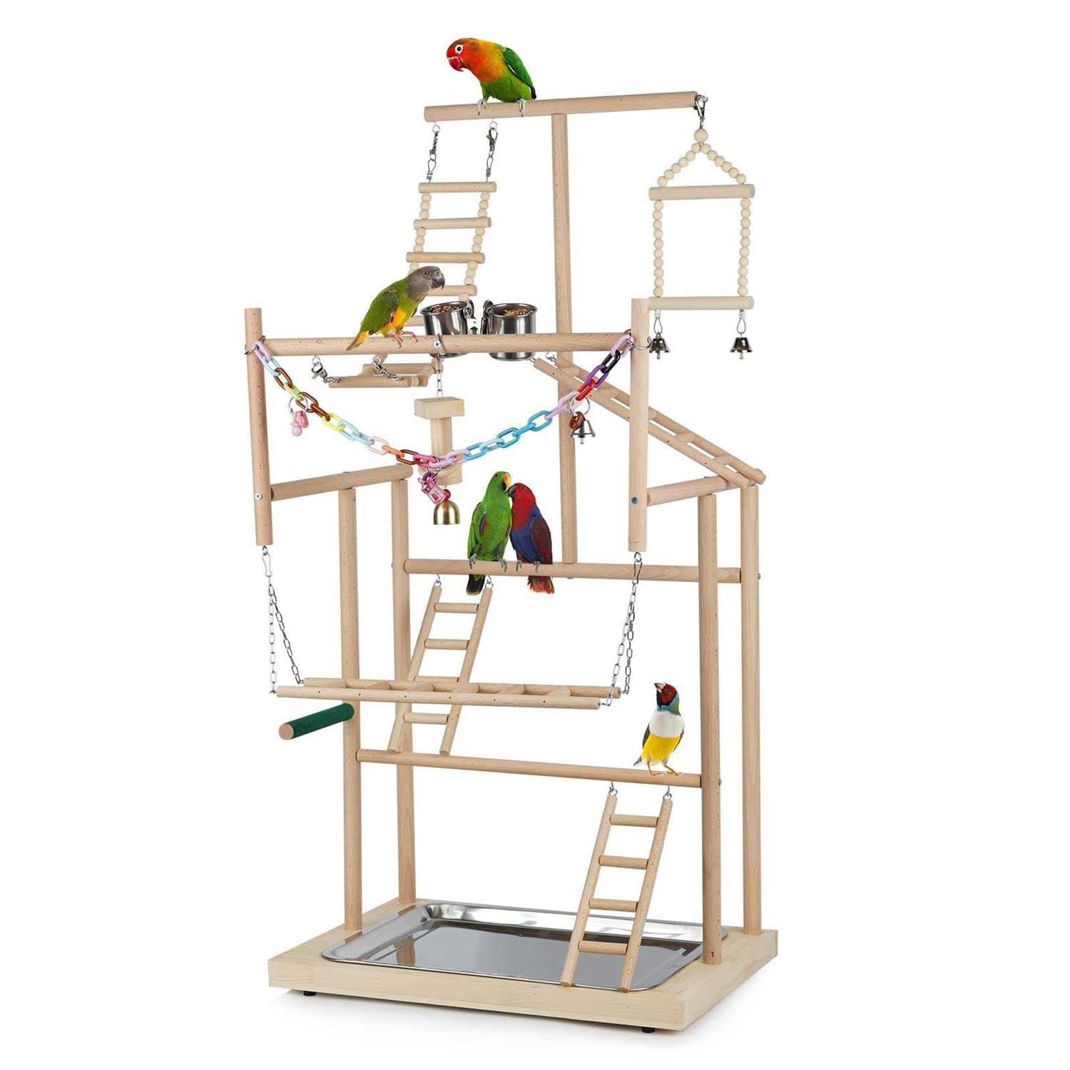 Ibnotuiy Pet Parrot Playstand Parrots Bird Playground Bird Play Stand Wood Perch Gym Playpen Ladder with Feeder Cups Bells for Cockatiel Parakeet - Pet Supplies online store