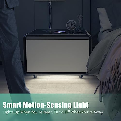 Atlodas 26.5" Smart Nightstand with Fridge, Mini Coffee Table, Side Table with Wireless Charging, Power Outlet, USB Interface, Outlet Protection, Induction Light, (Black)