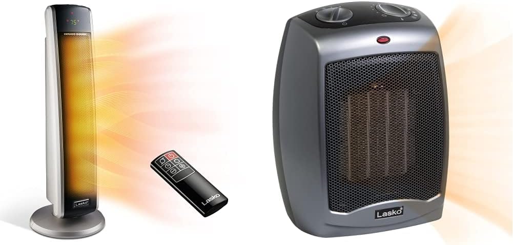 Lasko Oscillating Digital Ceramic Tower Space Heater, 29 Inches, Black, 1500W, 5586 & Electric Ceramic Space Heater with Tip-Over Safety Switch, 9.2 Inches, Dark Gray, 1500W, 754201