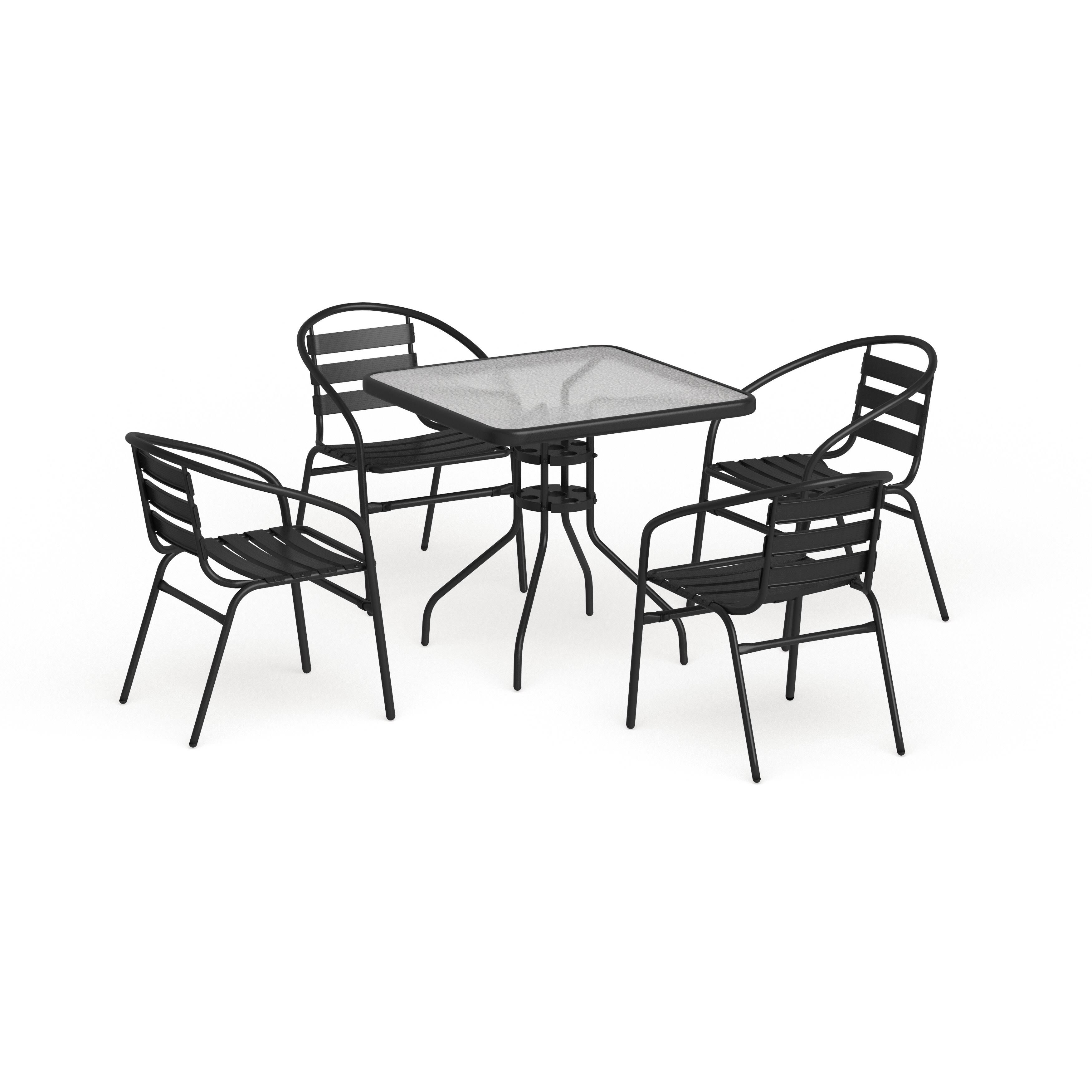 Lancaster Home 31.5-inch Square Glass Metal Table with 4 Metal Aluminum Slat Stack Chairs, Black