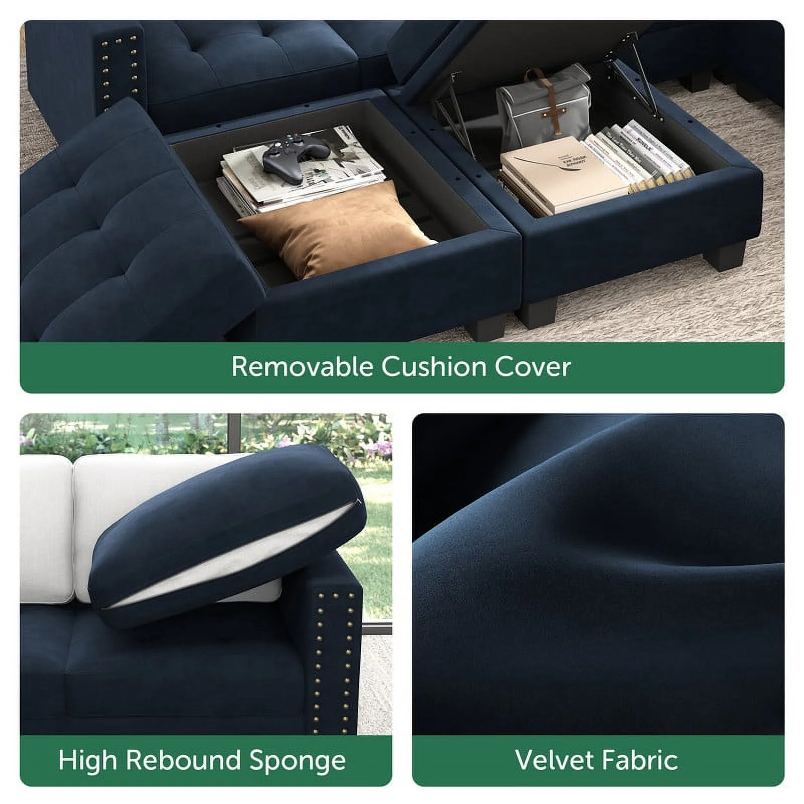 HONBAY Modern Sectional Sofa Sets L-Shaped Corner Couch with Biscuit Tufted Design for Living Room, Dark Navy Blue
