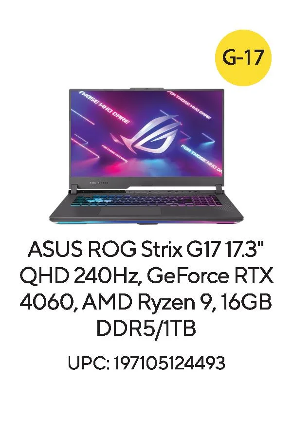 ASUS ROG Strix G17 (2023) 17.3” QHD 240Hz Gaming Laptop, Ryzen 9-7845HX, NVIDIA GeForce RTX 4060, 16GB DDR5 RAM, 1TB SSD, Windows 11, G713PV-WS94