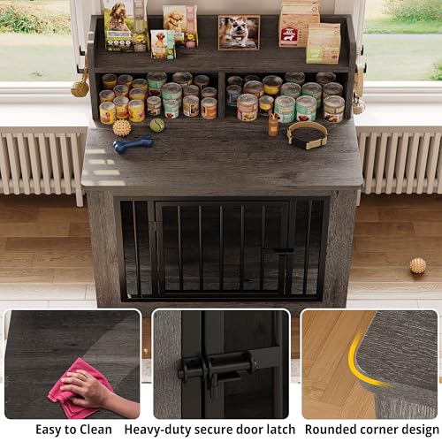 IRONCK Extra Large Dog Crate Furniture, 43.3 inches Wooden Dog Crate with Storage and 4 Hooks, Heavy Duty Pet Crate for Large Dog, Decorative Pet Cage for Indoor (30" L x 43.3" W x 41.1" H)