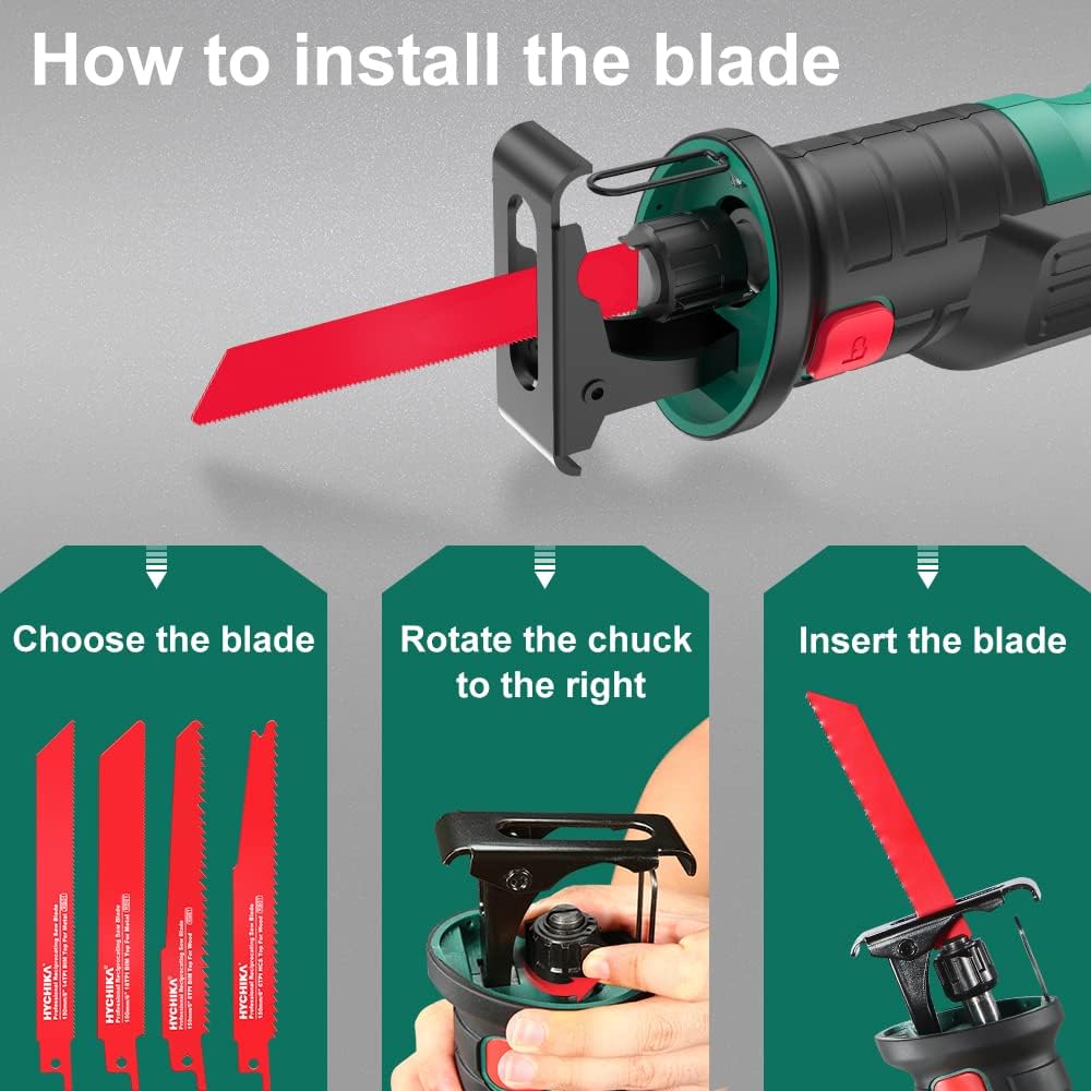 HYCHIKA Cordless Reciprocating Saw 20V 2Ah 2 Batteries 4 Saw Blades, 0-2800SPM Variable Speed, 7/8 Stroke Length Tool-Free Blade Change LED Light for Wood Metal Cutting Pruning