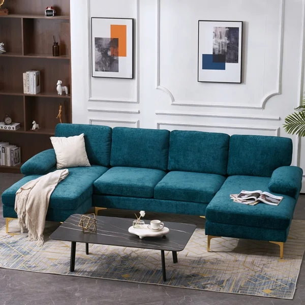 SYTHERS Convertible Sectional Sofa U-Shaped Couch 4-Seat Modern Chenille Sectional Sleeper Sofa with Memory Foam & Double Chaise & Comfortable Backrest, Oversized Seats, Dark Blue