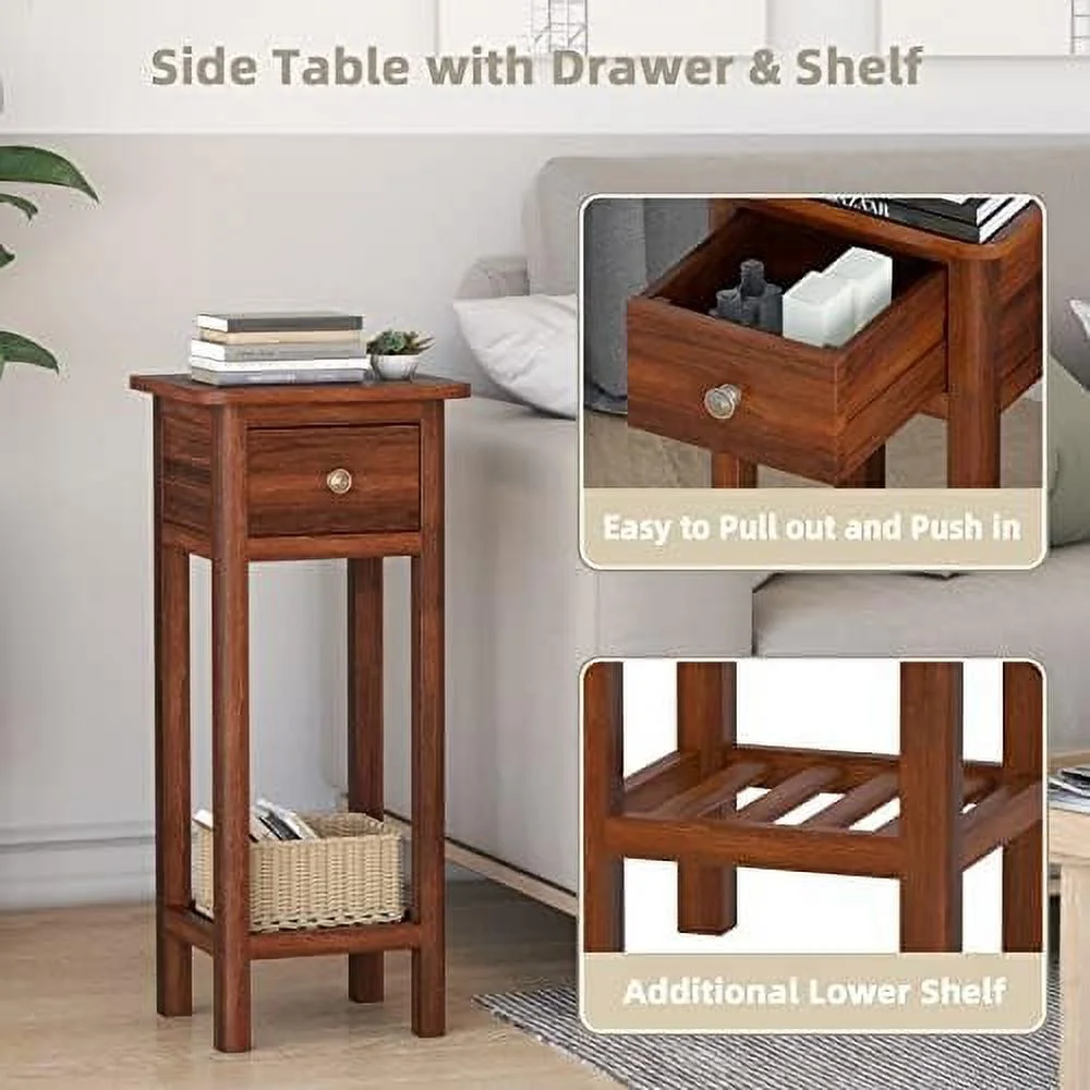 NLIBOOMLife Narrow End Table  Tall Nightstands Set of 2 with Drawer &amp;   Slim Bedside Tables w/Anti-Tipping Device  No Assembly  Wooden Small  for Small Space  Living Room  Bedroom  Na