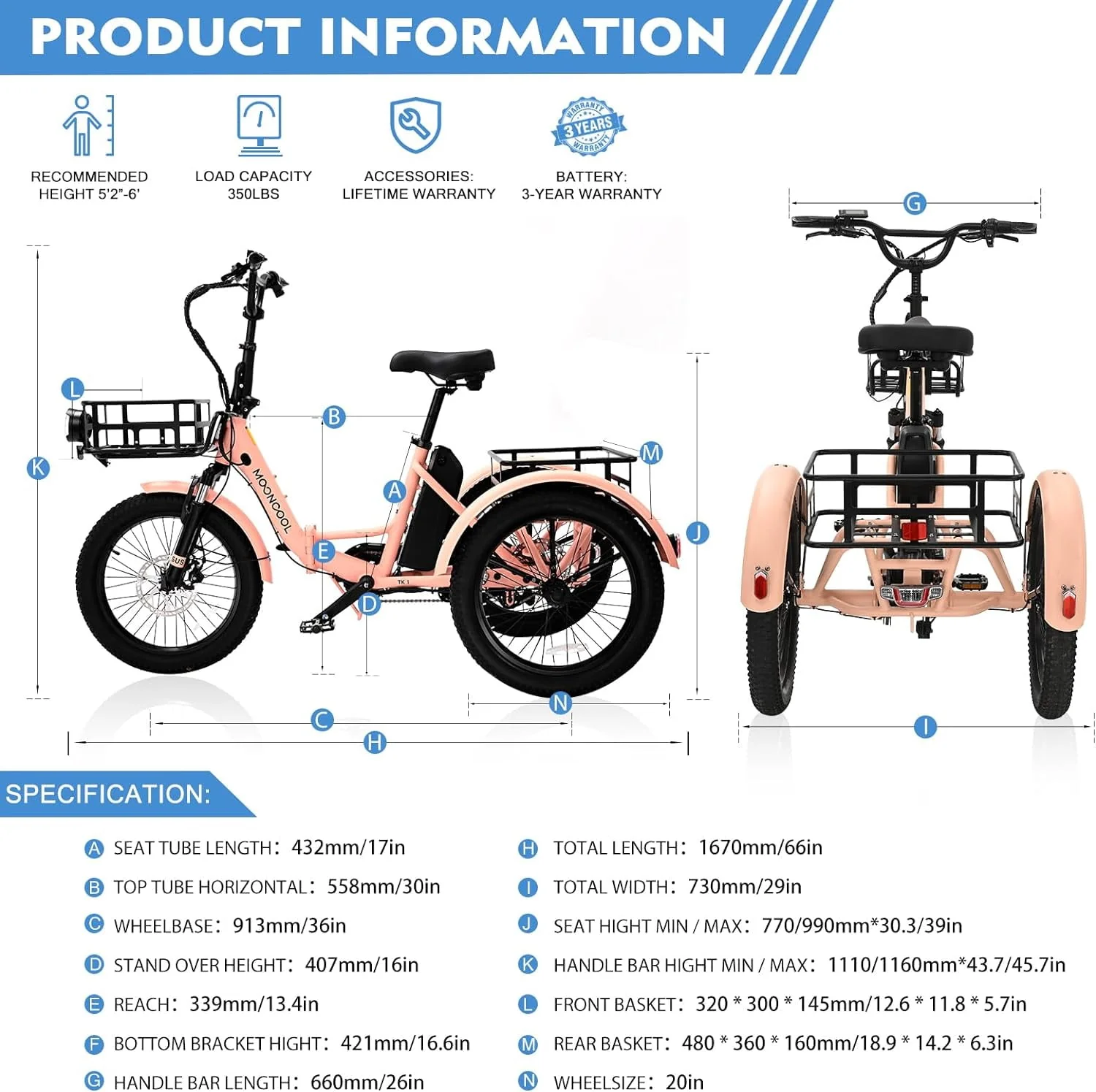 MOONCOOL 24/26 Electric Tricycle for Adults, 350W 36V 7 Speeds Electric Trike Motorized Three Wheel Electric Bikes Bicycle with Large Basket for Women Men