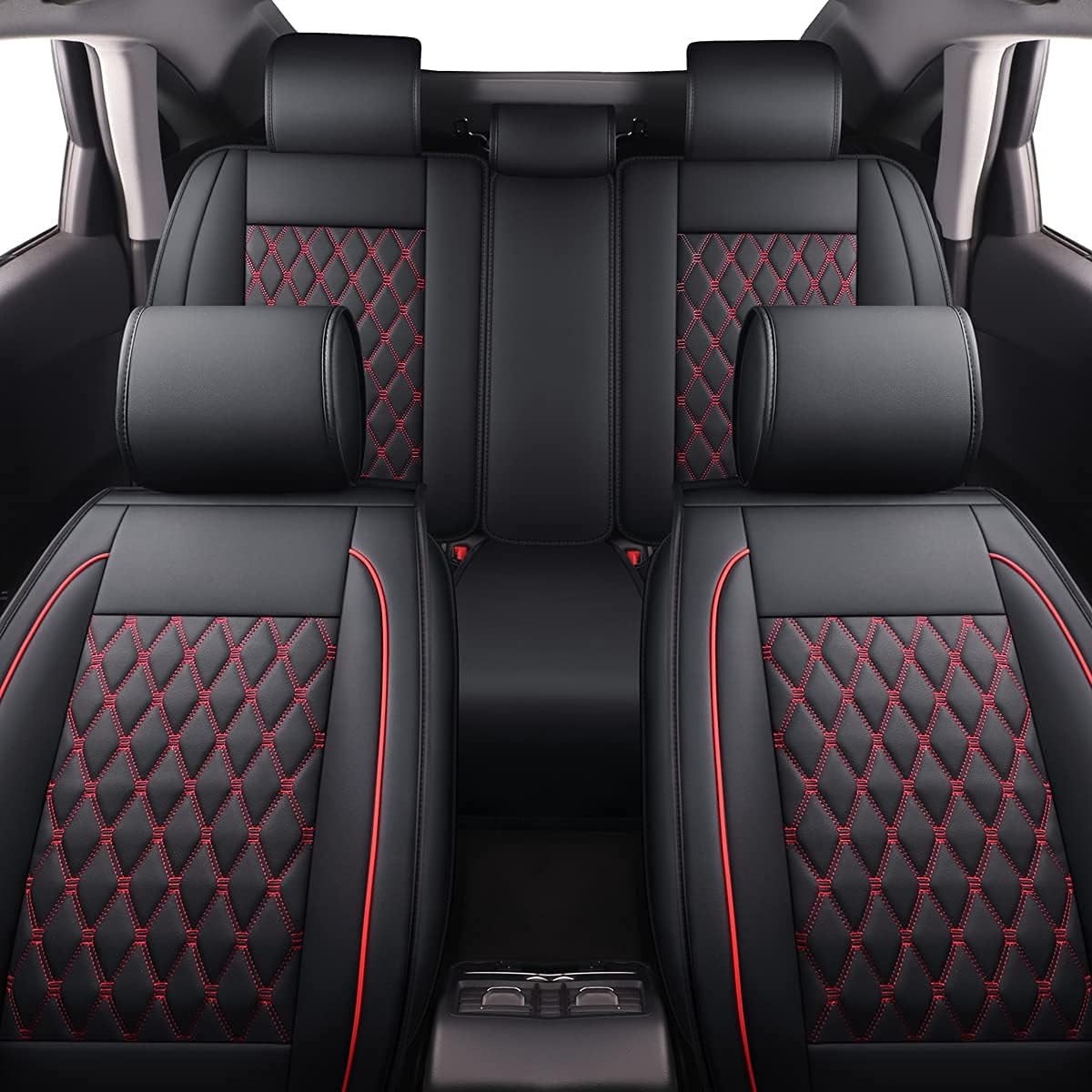 OSEHYL Car Seat Covers Luxury Leather Protector Universal Fit Full Set Upgraded Waterproof Breathable Full Coverage Wear-Resistant Non-Slip Vehicle Cushion Covers for SUV Cars Pickup Truck (Black&Red)