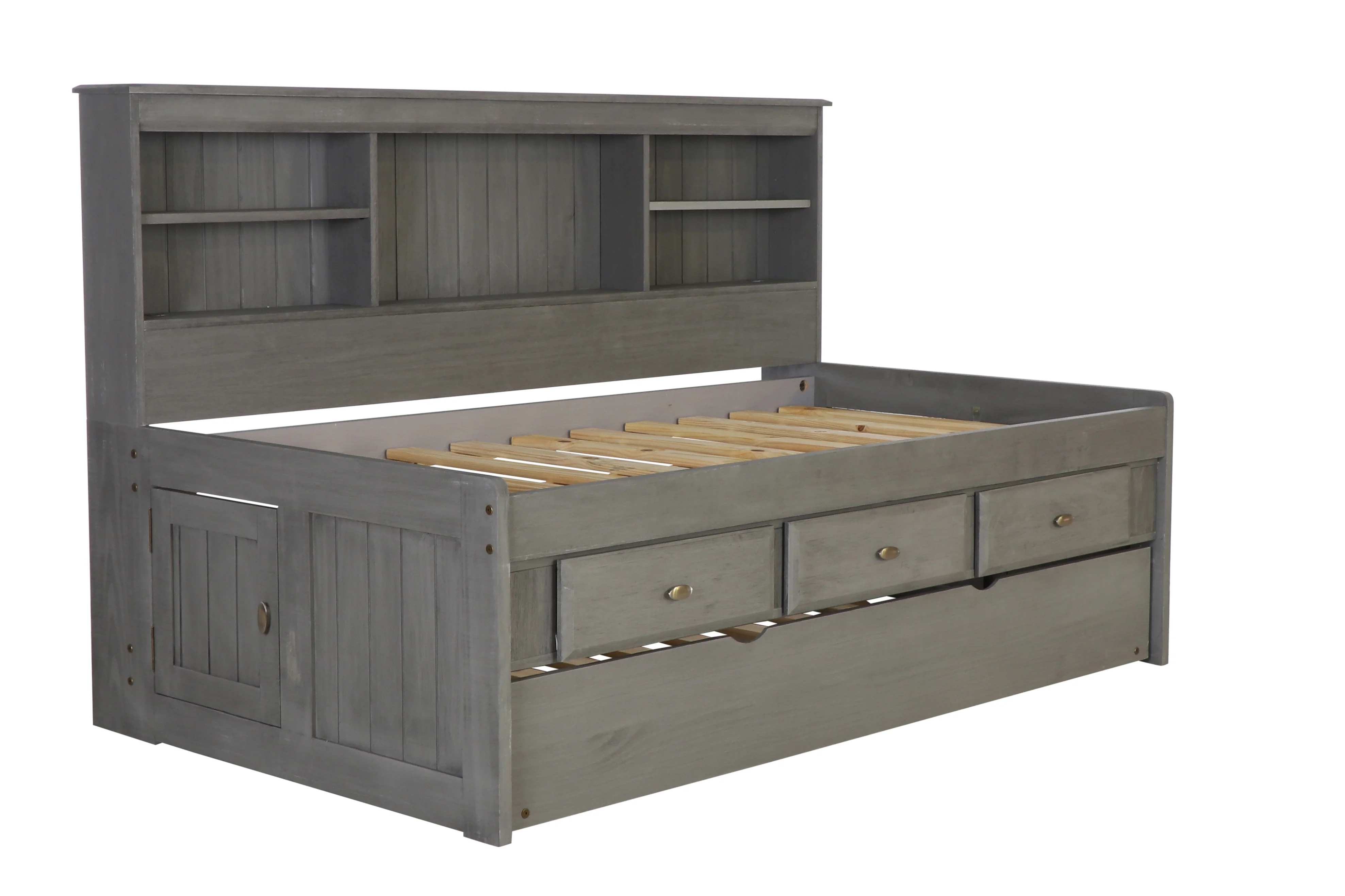 Discovery World Furniture - Twin Size Bed Frame with Headboard Bookcase Captain Day Bed with 3 Drawers & Twin Trundle, Twin Size Bed with Storage & Trundle, Charcoal