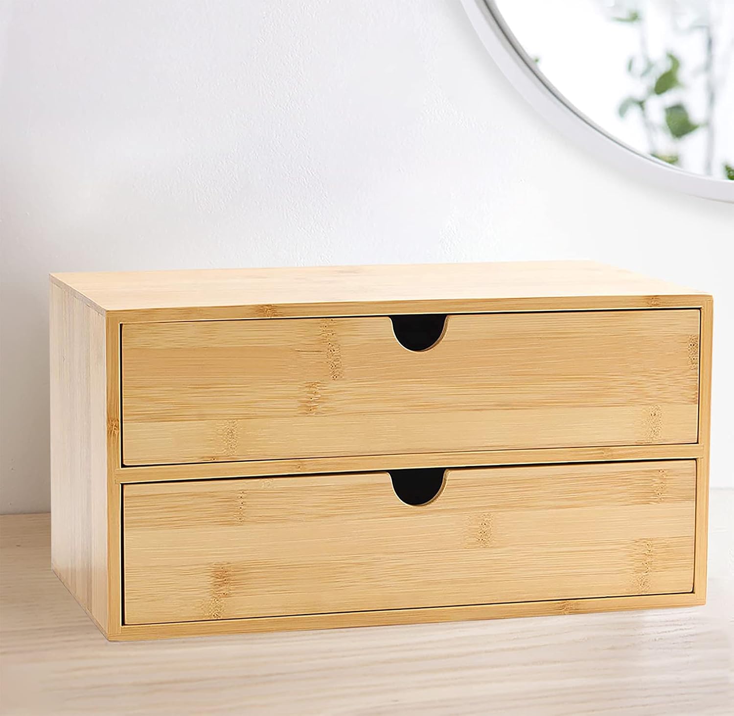 Wisdture Mini Storage Box with Drawers,Practical Office Storage Bins,Bamboo Desk Sets and Accessories Suitable for Office,Bedroom,Dressing Table,Large Desk Organizer(3 Drawer with Tall Drawer)