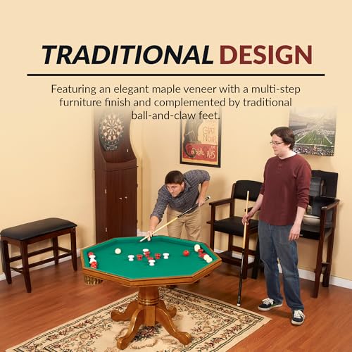 Hathaway Kingston 3 in 1 Octagon Poker Table, Dining & Bumper Pool Table for Game Rooms - Durable Hardwood, Sturdy Legs, Smooth Playfield - Includes Bumper Balls, Cues, Chalk, Brush - Oak
