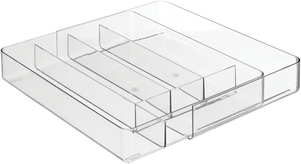 mDesign Adjustable, Expandable Plastic Kitchen Cabinet Drawer Storage Organizer Tray - for Storing Organizing Cutlery, Spoons, Cooking Utensils, Gadgets - Clear